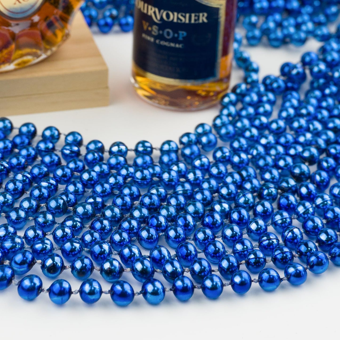 SHAOQINLIN 24 Pcs 33 Inch 7 mm Metallic Blue Bead Necklaces, 4th of July Round Beads Necklace Mardi Gras Party Beaded Necklaces