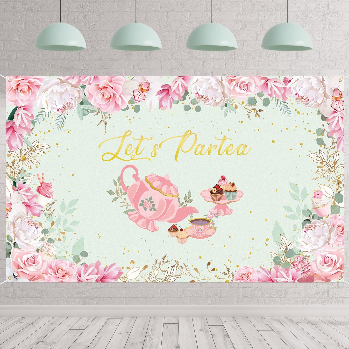 Tegeme Let'S Partea Party Backdrop Tea Party Banner Decorations Background For Baby Shower Birthday Party Photo Prop(Light Green