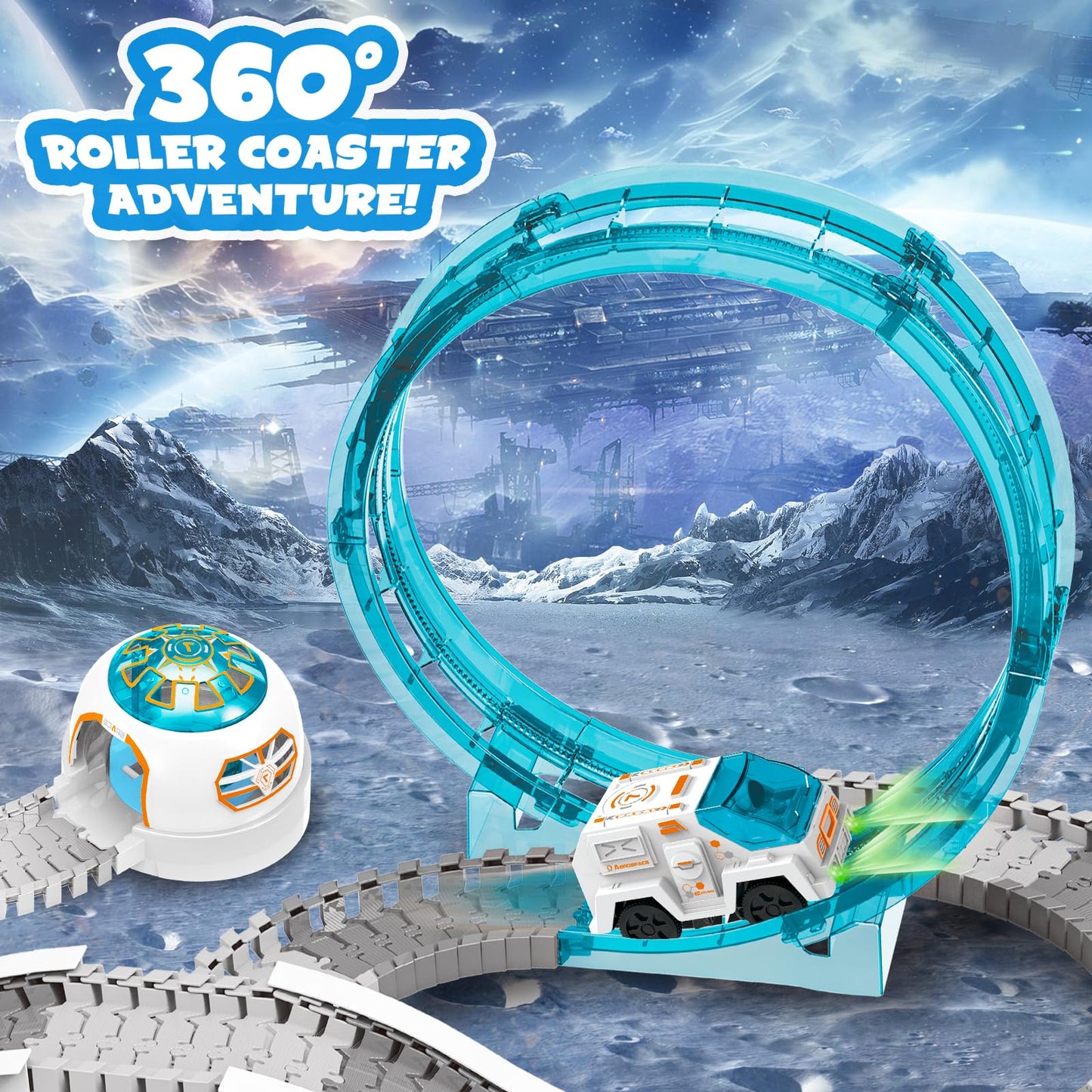 KIZJORYA Construction Race Track, Space Train Track Set, 205 PCS DIY Flexible Tracks Play Set for Boys 4-7 with Light up Space C