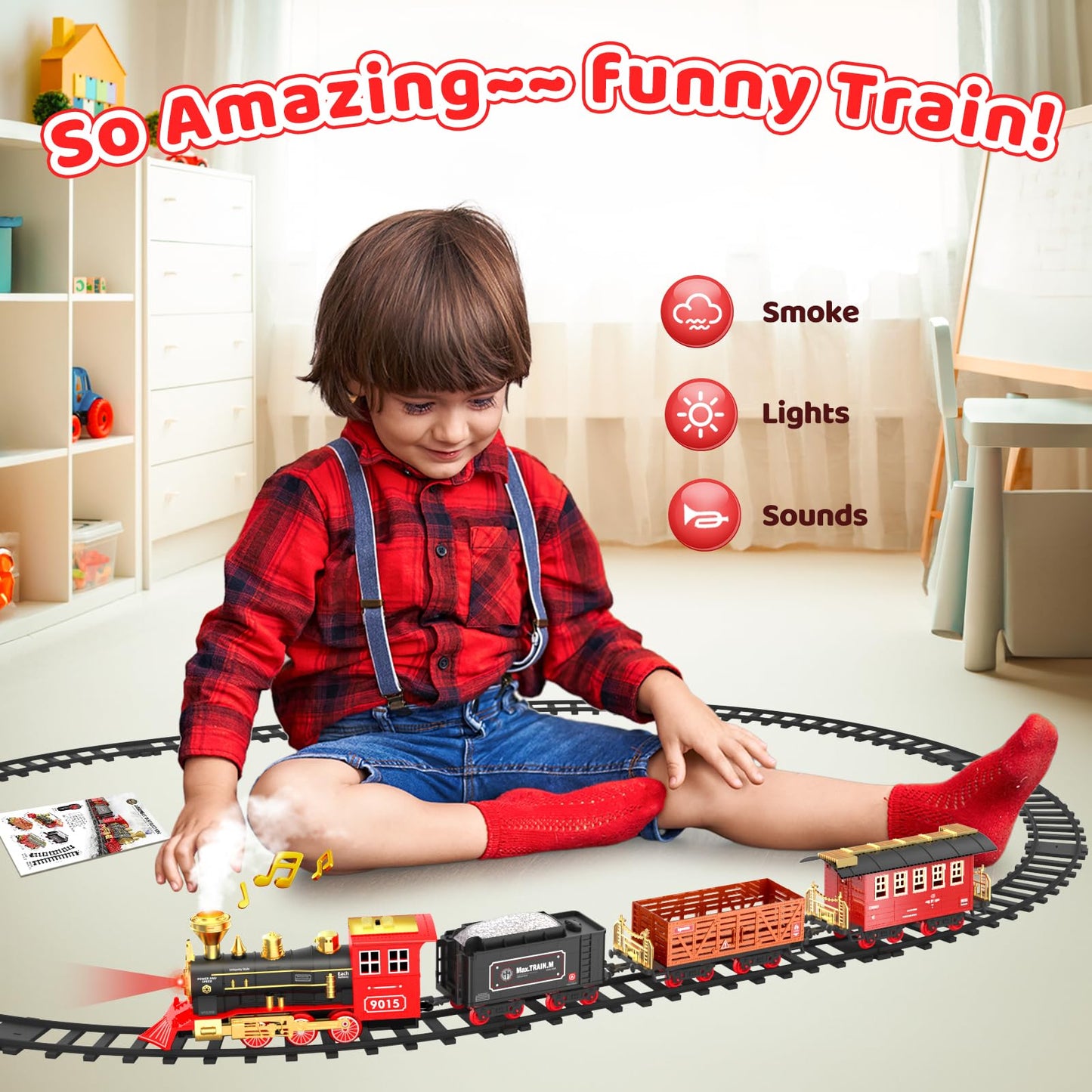 Hot Bee Train Set - Train Toys For Boys W/Smokes, Lights & Sound, Tracks, Toy Train W/Steam Locomotive, Cargo Cars & Tracks, Toddler Model Train Set For 3 4 5 6 7 8+ Year Old Kids Birthday Gifts