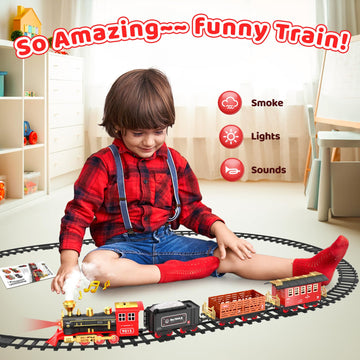 Hot Bee Train Set - Red Plastic Train Toys with Smoke, Lights & Sound for Kids 3+ Years - Includes Steam Locomotive & Cargo Cars