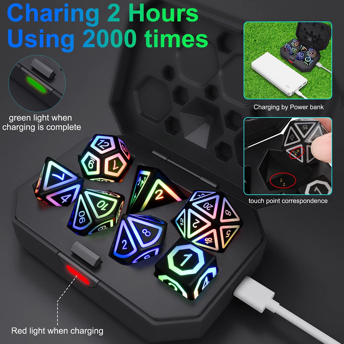 EXCECAR Rechargable DND Dice Set, Light Up Dice, 7 PCS Glowing Balanced LED Dice Electronic Dices, D&D Dice, Polyhedral Dice Set