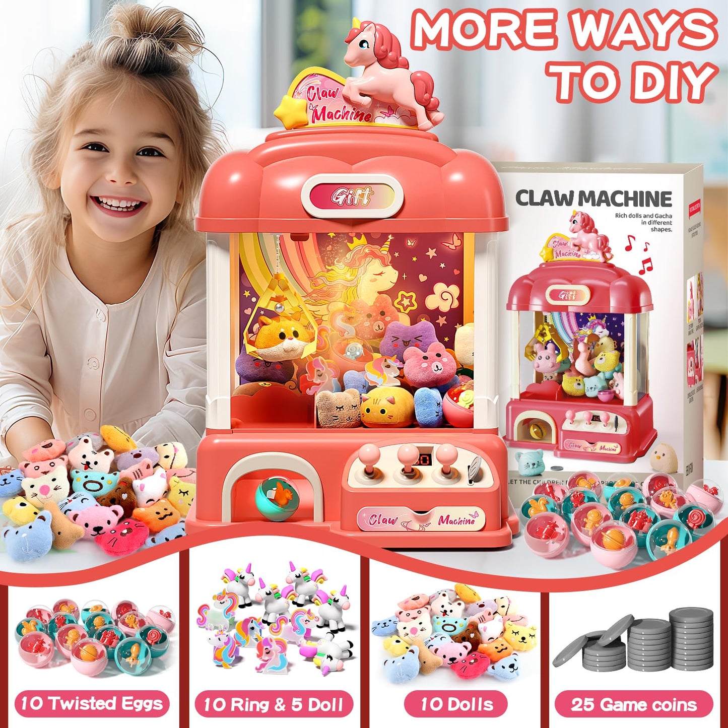 AIQI 60 PCS Large Unicorn Kids Claw Machine, Vending Claw Machine with Lights Sound, Candy and Prize Electronic Dispenser Game T