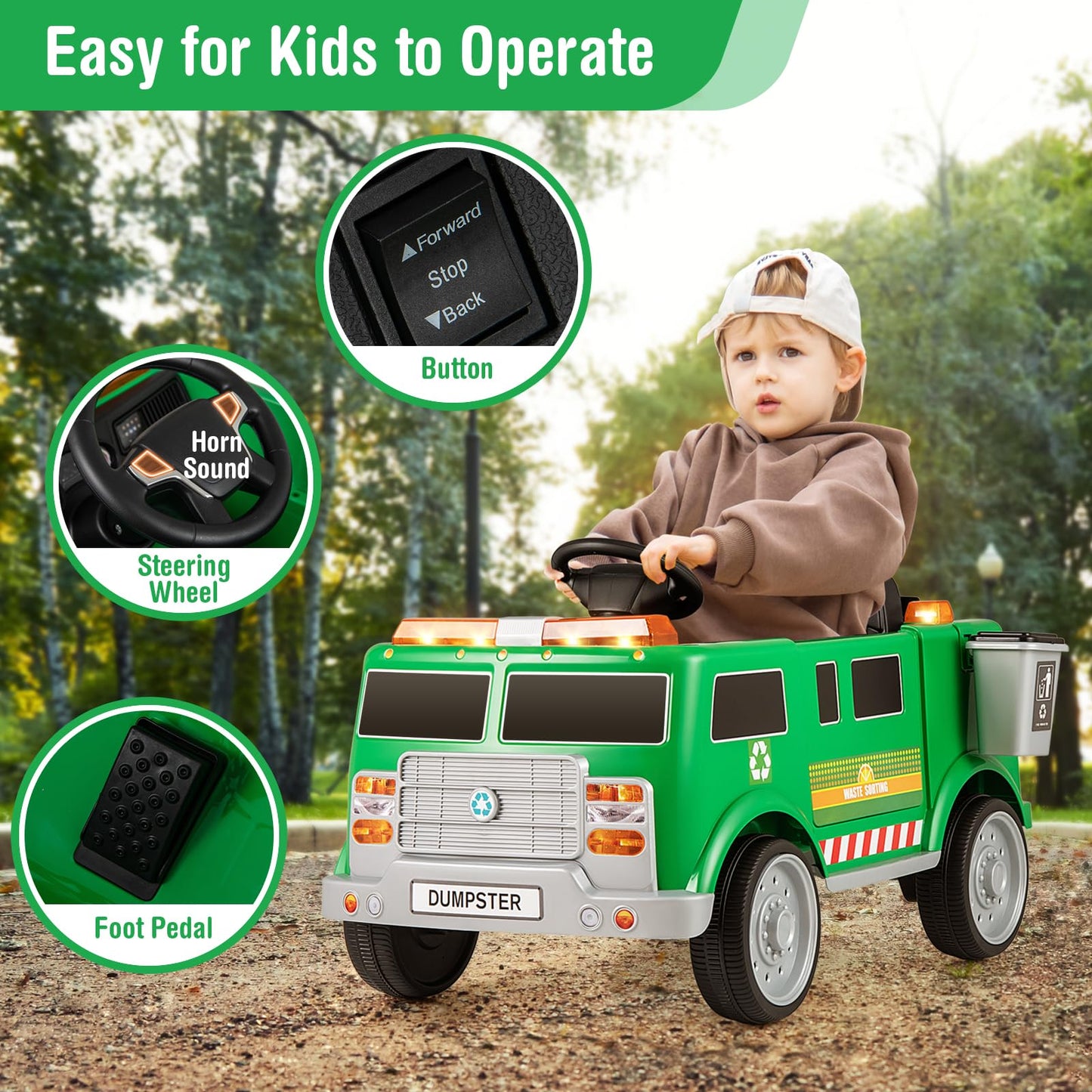 Costzon Ride on Garbage Truck, 12V Battery Powered Kids' Electric Vehicles w/Remote Control, Trash Bin/Shovel/Lights/Sound Effec