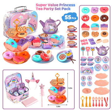 55Pcs Tea Party Set for Little Girls, Princess Tea Party Set, Unicorn Kid Tin Tea Set,Kids Kitchen Pretend Toy, Toddler Tea Part
