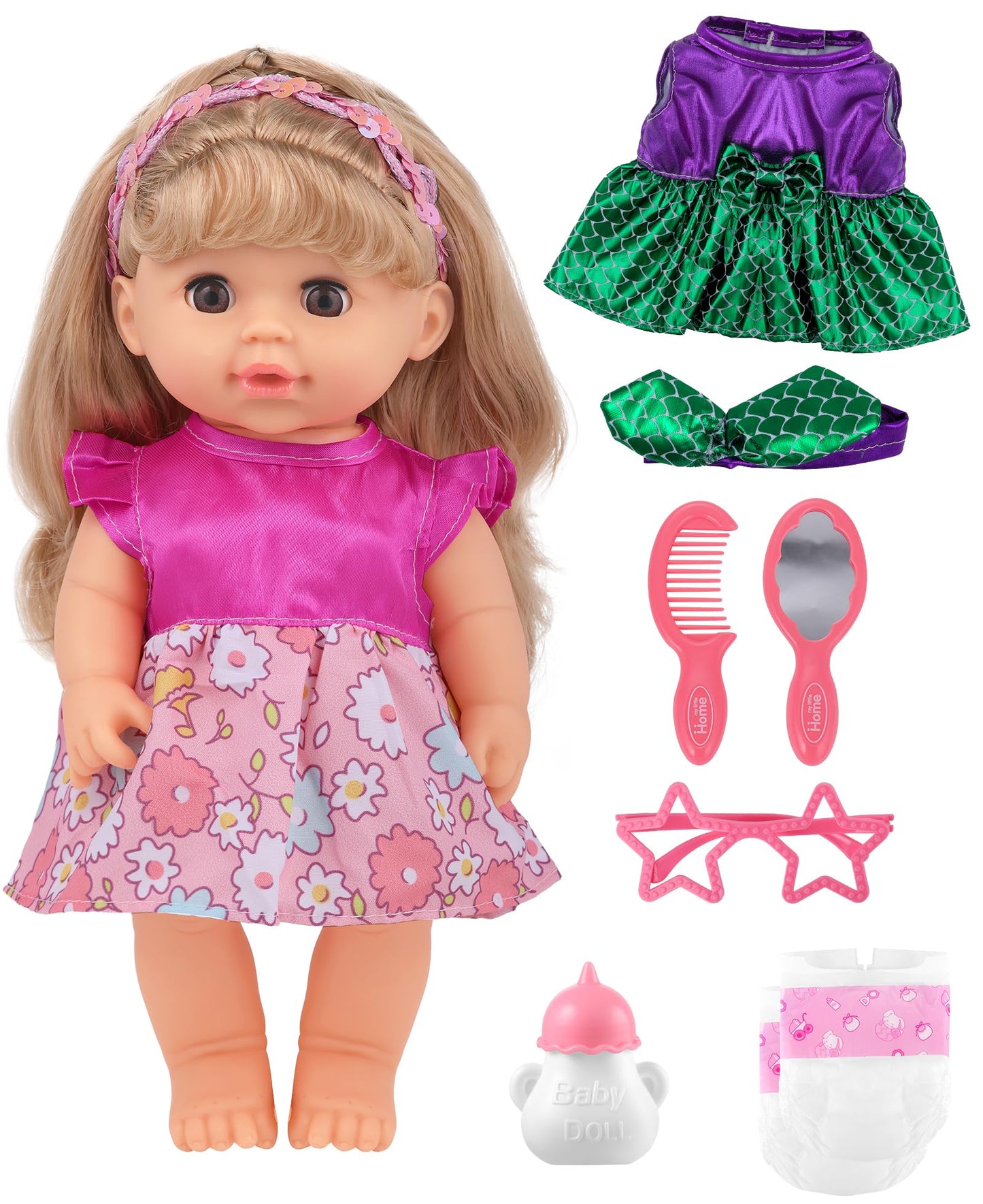 Gagaku Baby Doll With Hair, 12' Baby Doll For Girls 1 2 3 4 5 6 Years Old, Baby Doll For Toddlers Kids, Toy Baby Dolls With Accessories, Clothes Outfits Diapers Bottle