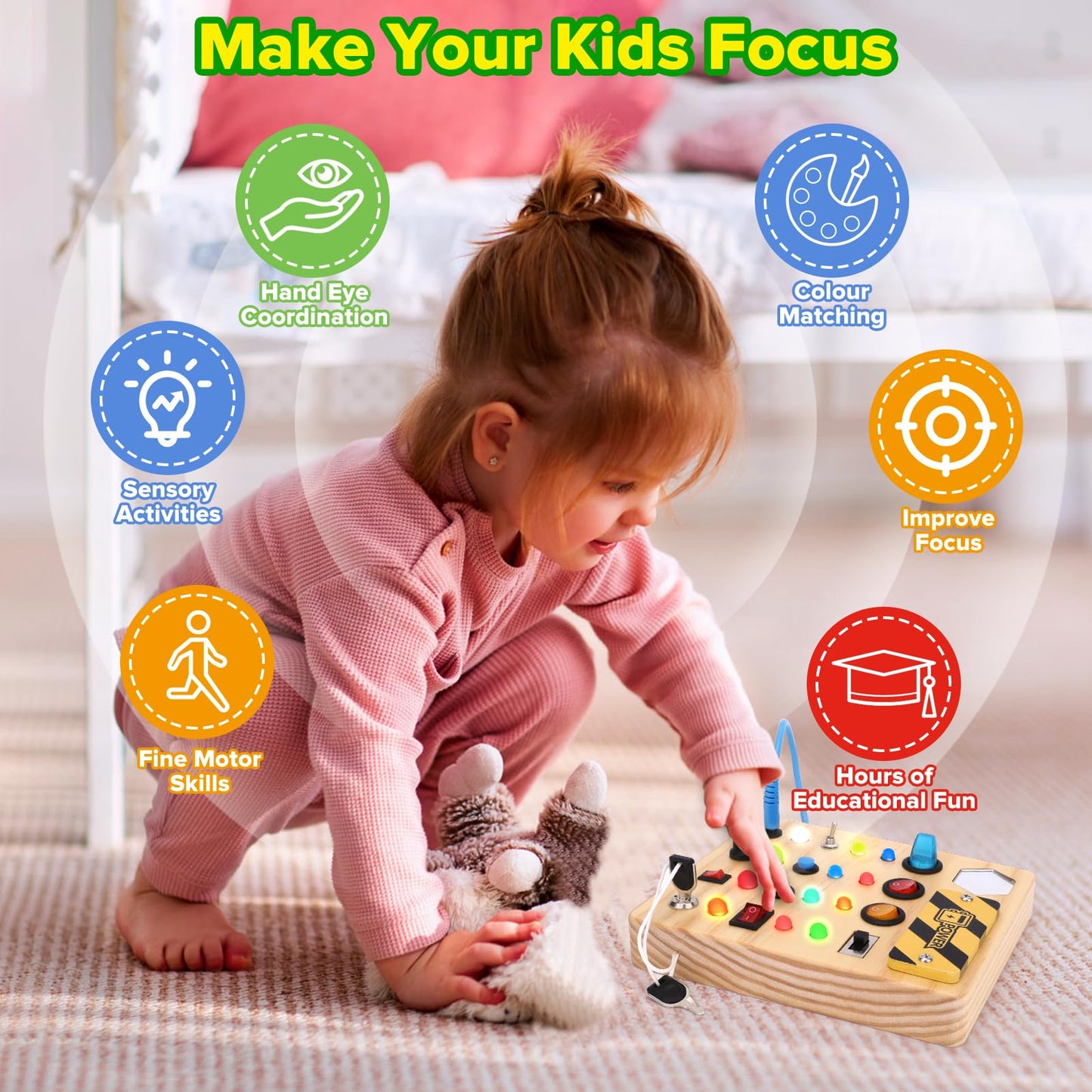 Wakeinsa Montessori Busy Board,Montessori Toys For 1-3 Years Old,Baby Sensory Board,Preschool Learning Activities,Wooden Toys For Toddler,Christmas & Birthday Gift For Boys & Girls