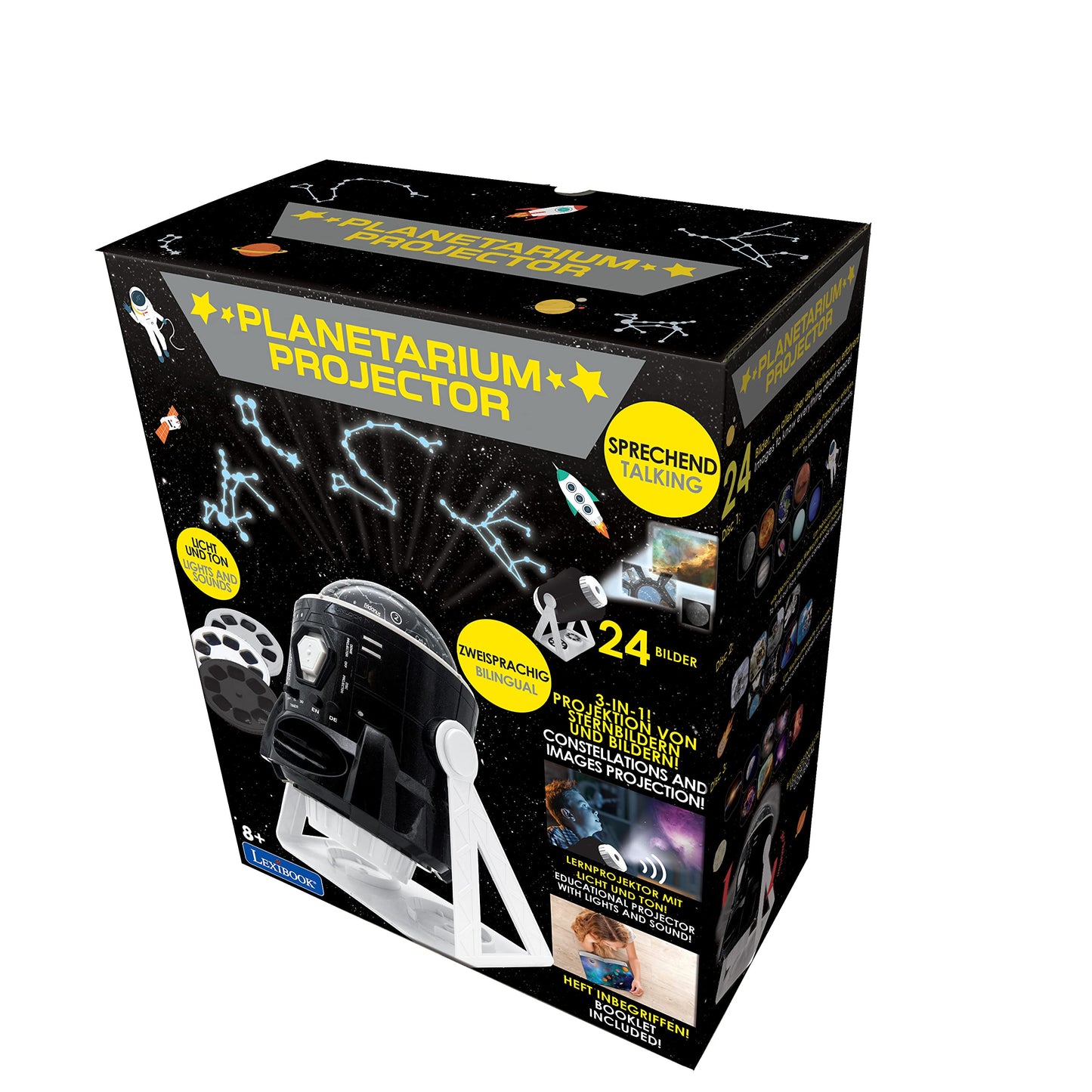 LEXIBOOK NLJ181i3 Speaking 2-in-1 Planetarium Projector, 24 Images to Discover Space, 2 Constellation Domes, STEM, Black/White