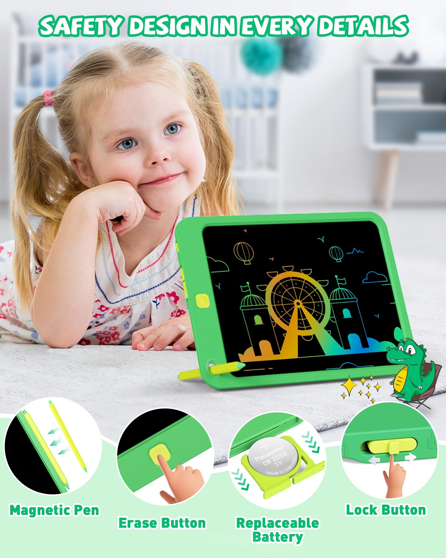 Kokodi Lcd Writing Tablet For Kids, 10 Inch Colorful Drawing Tablet, Educational Learning Kids Toys For Age 3-12 Years Old, Toddler Doodle Board,Green