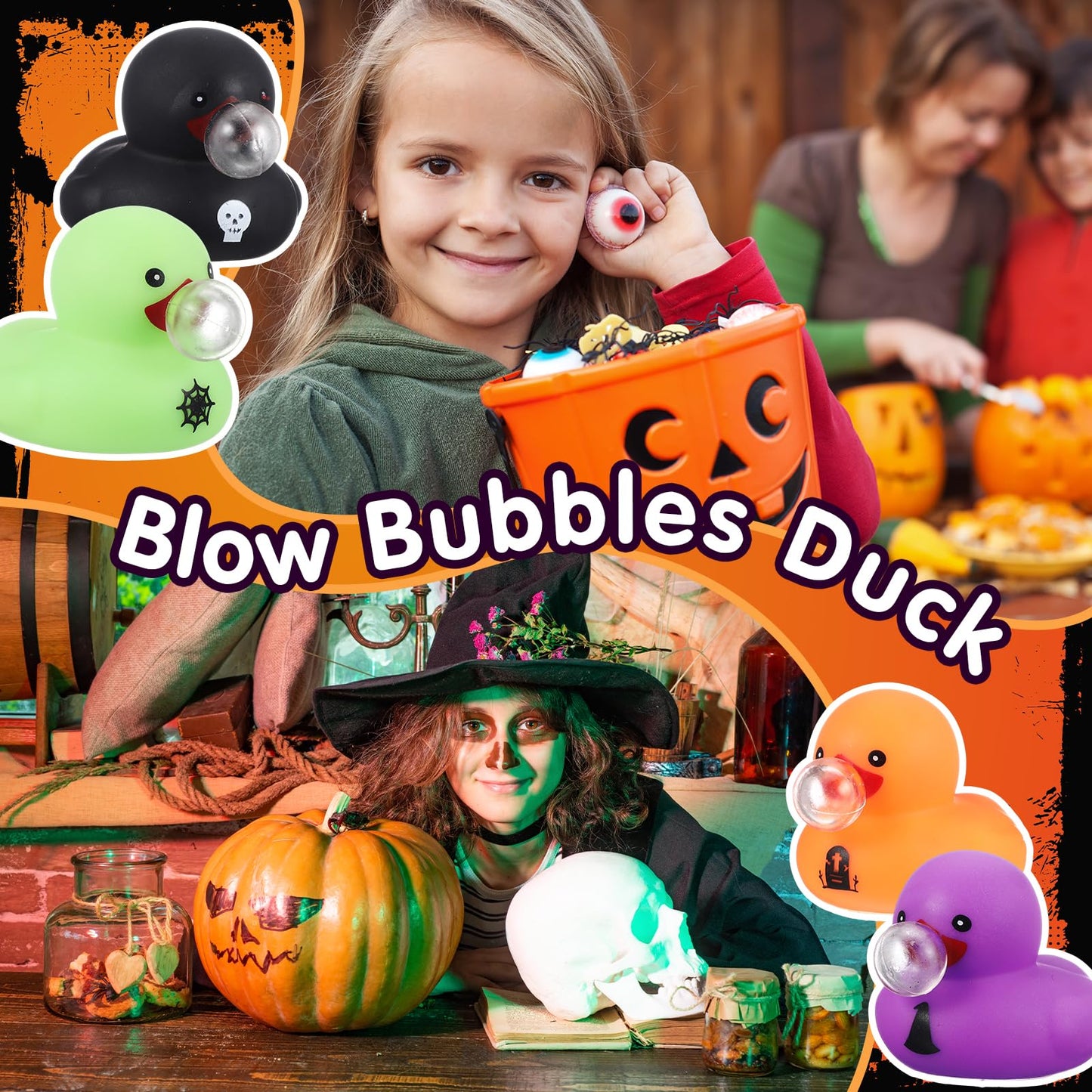 Junkin 50 Pcs Halloween Rubber Ducks Bulk Mini Rubber Ducks Small Duck in Bulk Gift for Halloweens Party Favors Toys (Blow Bubbles Duck)