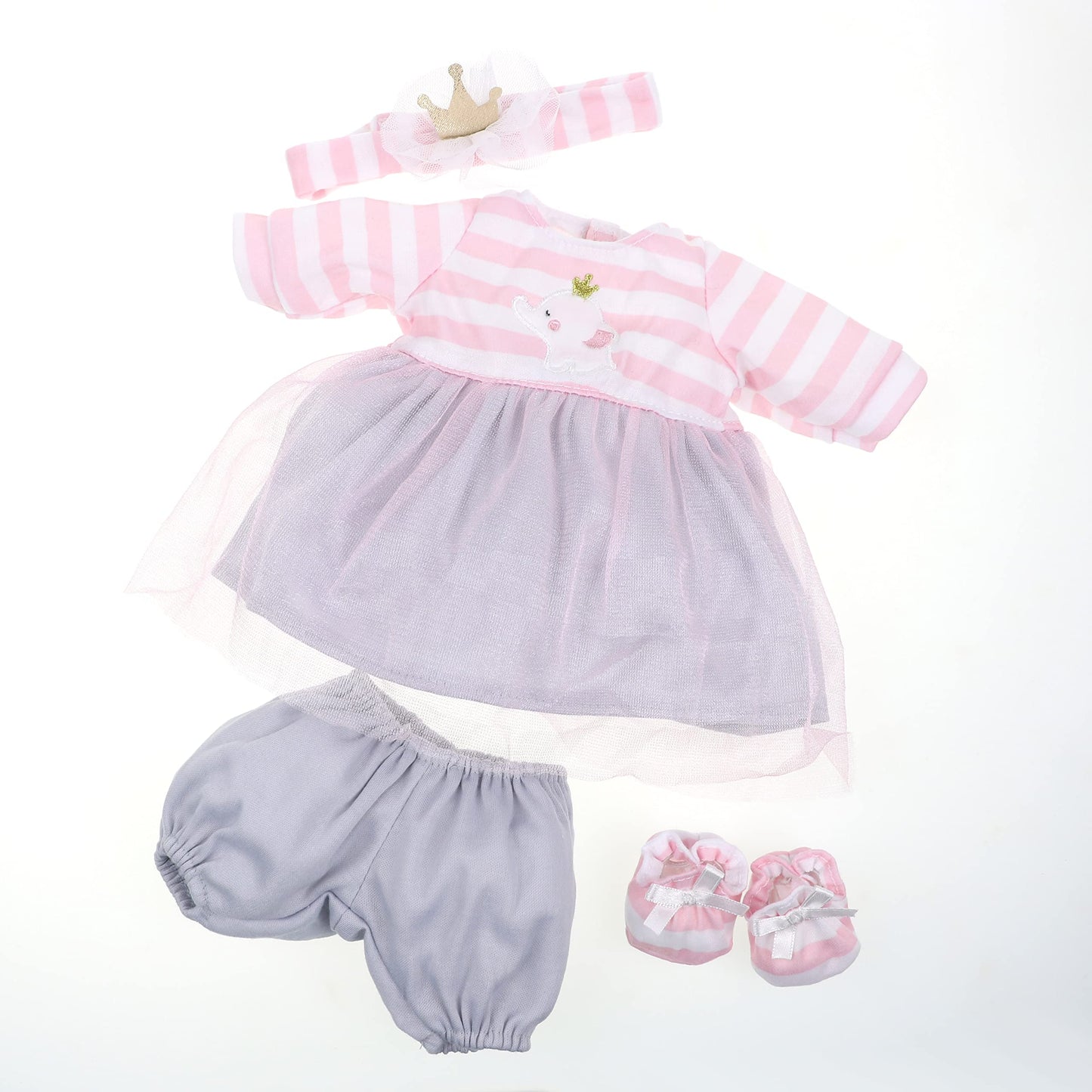 Jc Toys | Berenguer Boutique | Baby Doll Outfit | Pink Striped Dress With Tulle Skirt, Shorts, Headband, And Booties | Ages 2+ | Fits Dolls 14'- 16'