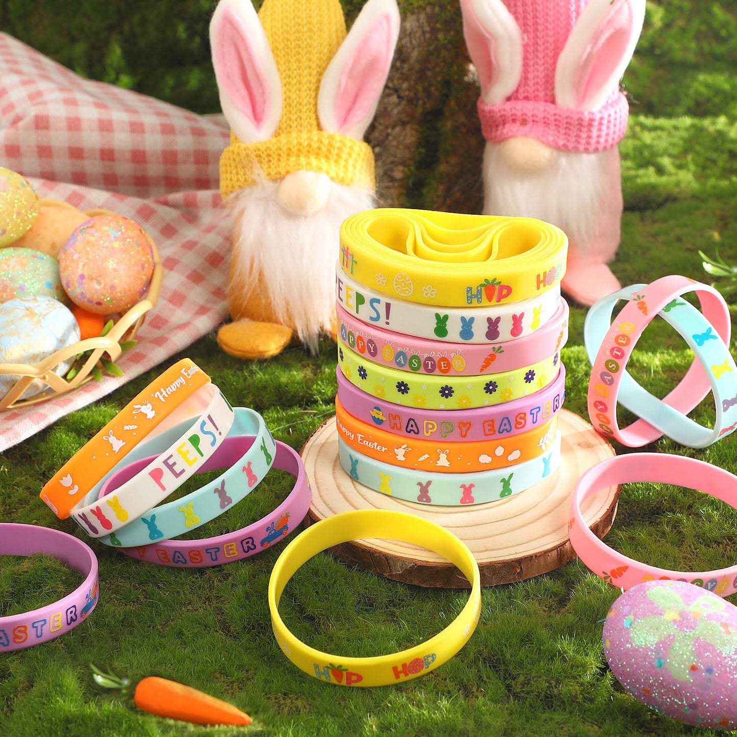 Junebrushs 42Pcs Easter Party Favors Silicone Bracelets Bunny Egg Carrot Chicks Flowers Rubber Wristbands Accessories For Easter Egg Fillers Gifts Basket Stuffers Accessories Party Decorations