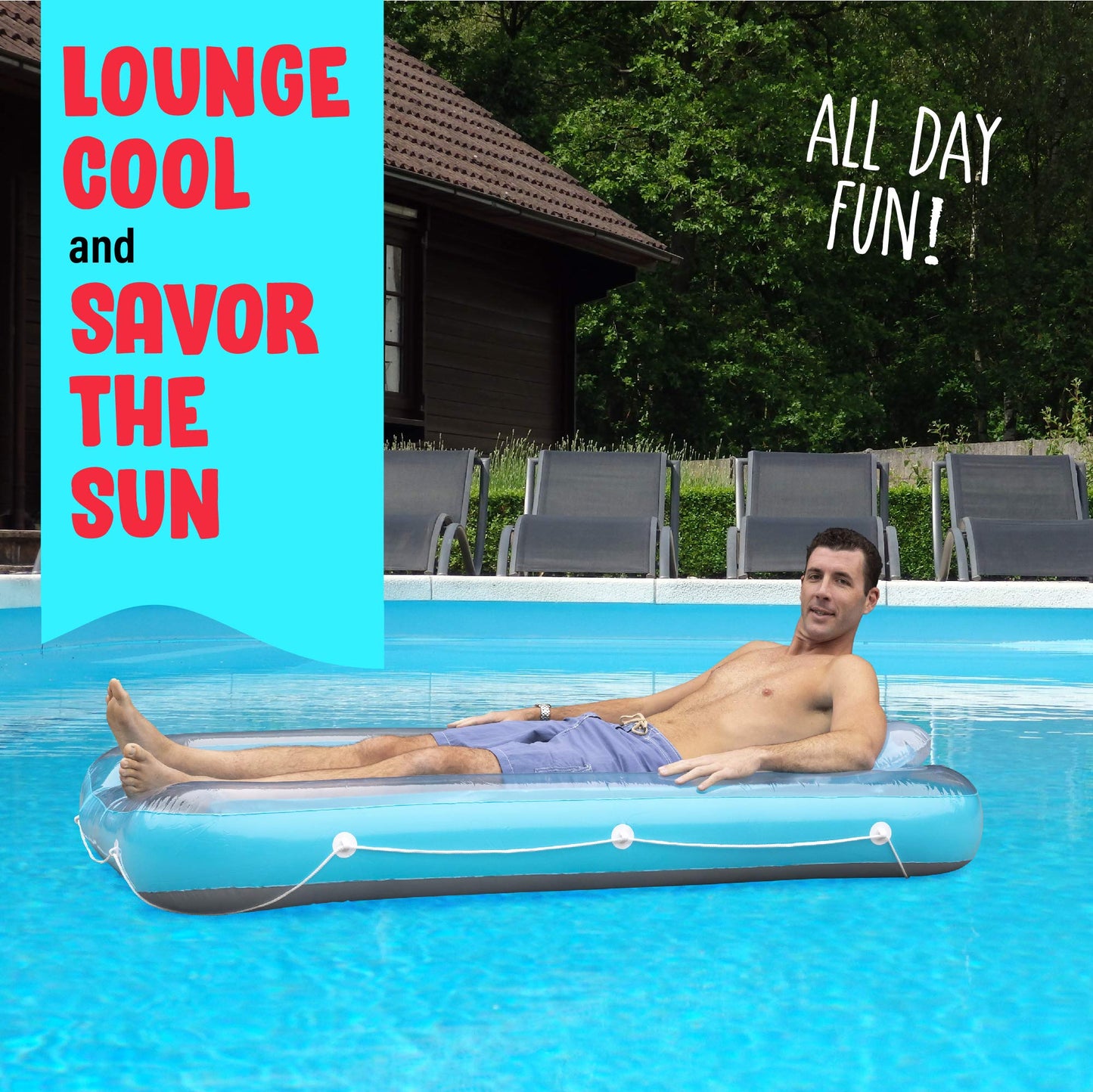 Inflatable Tanning Pool Lounge Float | Personal Pool Lounger With Pillow | Inflatable Tanning Pool Bed (Blue) | 13 Years+