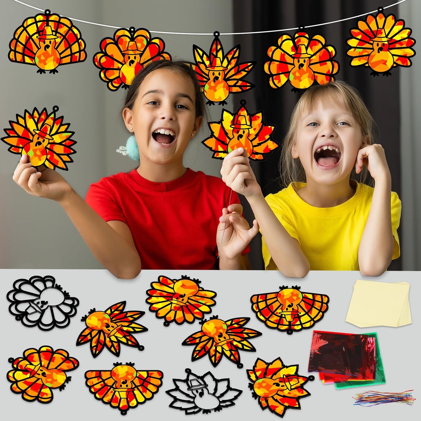 30 Sets Fall Thanksgiving Suncatchers Craft Kit DIY Turkey Window Stained Glass Effect Paper Thankful Autumn Home School Classro