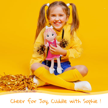 June Garden 14'' Snuggle Cuties Cheerleader Sophie - Soft Cuddly Plush Doll Gift for Girls - Huggable Rag Doll - Pink M