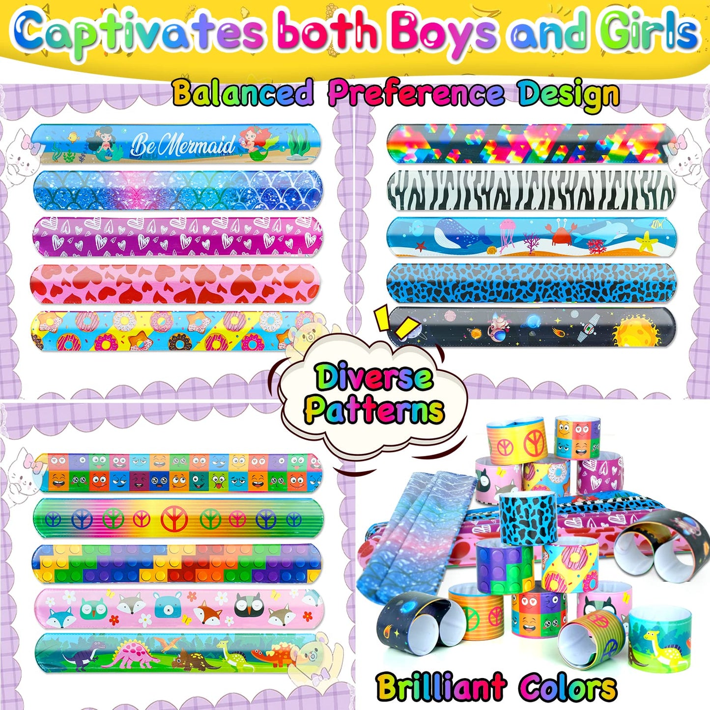 Slap Bracelets Kids Party Favors 48Pcs Snap Bracelet Wrist Bands For Boys Girls Birthday Gift Treasure Box Classroom Rewards Goo