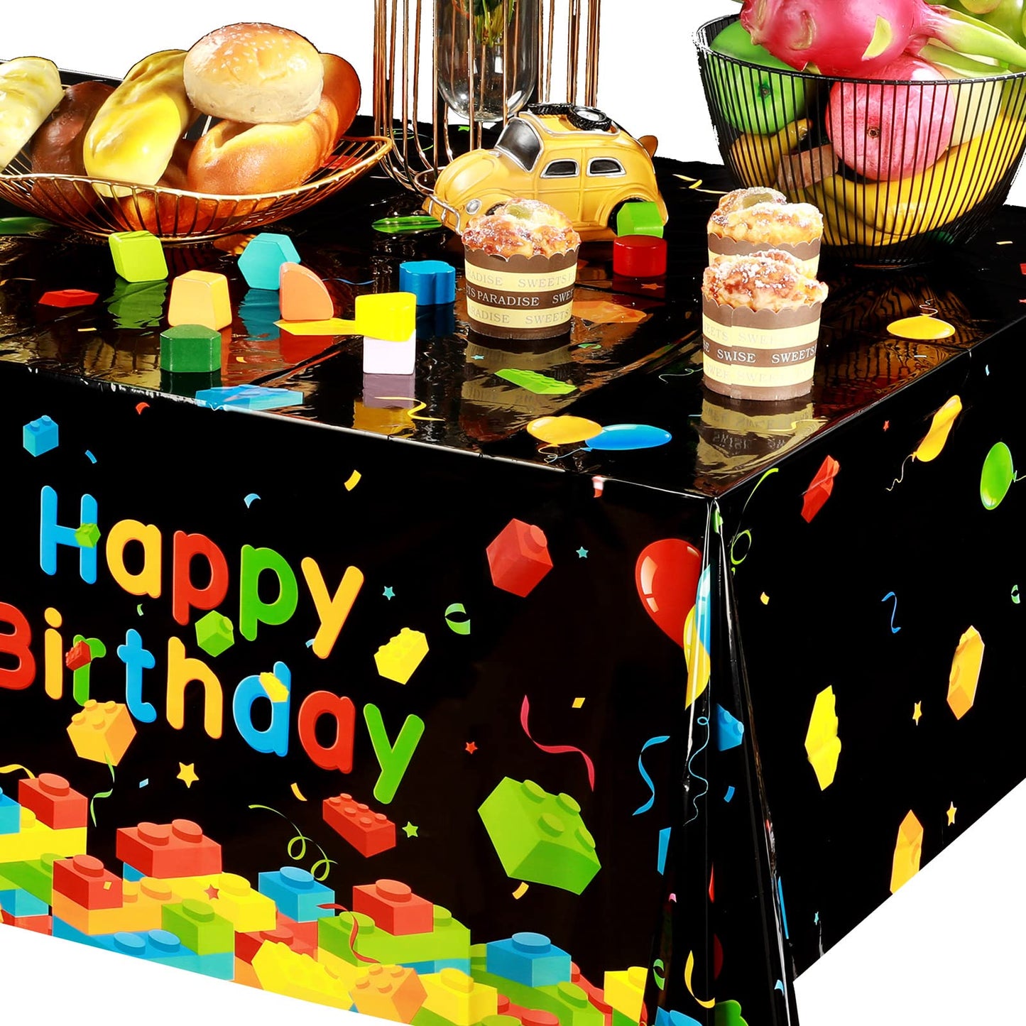 Tiamon 3 Pcs Blocks Tablecloth Plastic Happy Birthday Blocks Table Cover Disposable Colorful Bricks Table Cloth for Boys Girls S