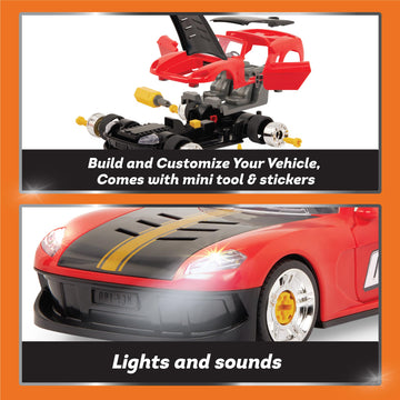 Driven by Battat Take-Apart Sports Car Playset, 34pc Red STEM Toy, Medium Size, Model WH1139Z, with Mini Tool, Lights & Sounds