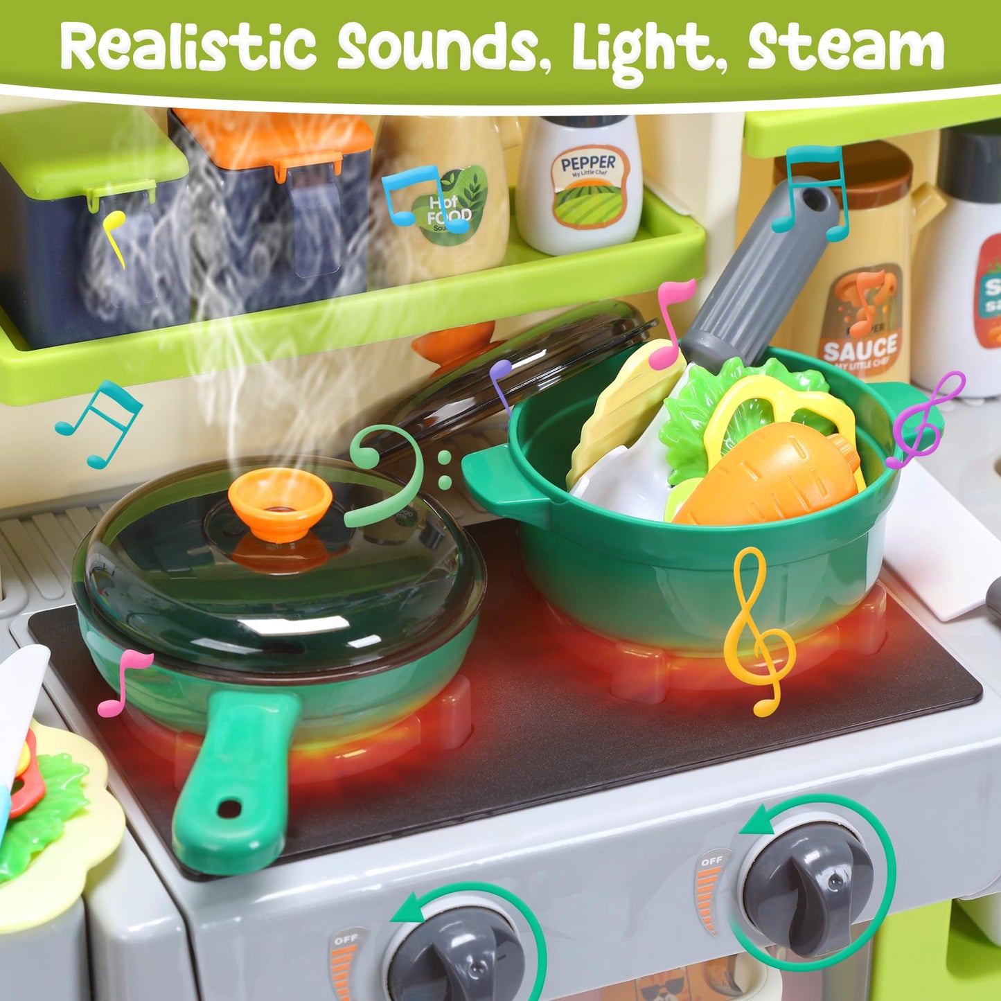 HOLYFUN Kids Kitchen Playset, Pretend Play Kitchen with Sounds and Lights, Cooking Stove Steam,Play Sink and Play Food,Toy Kitch