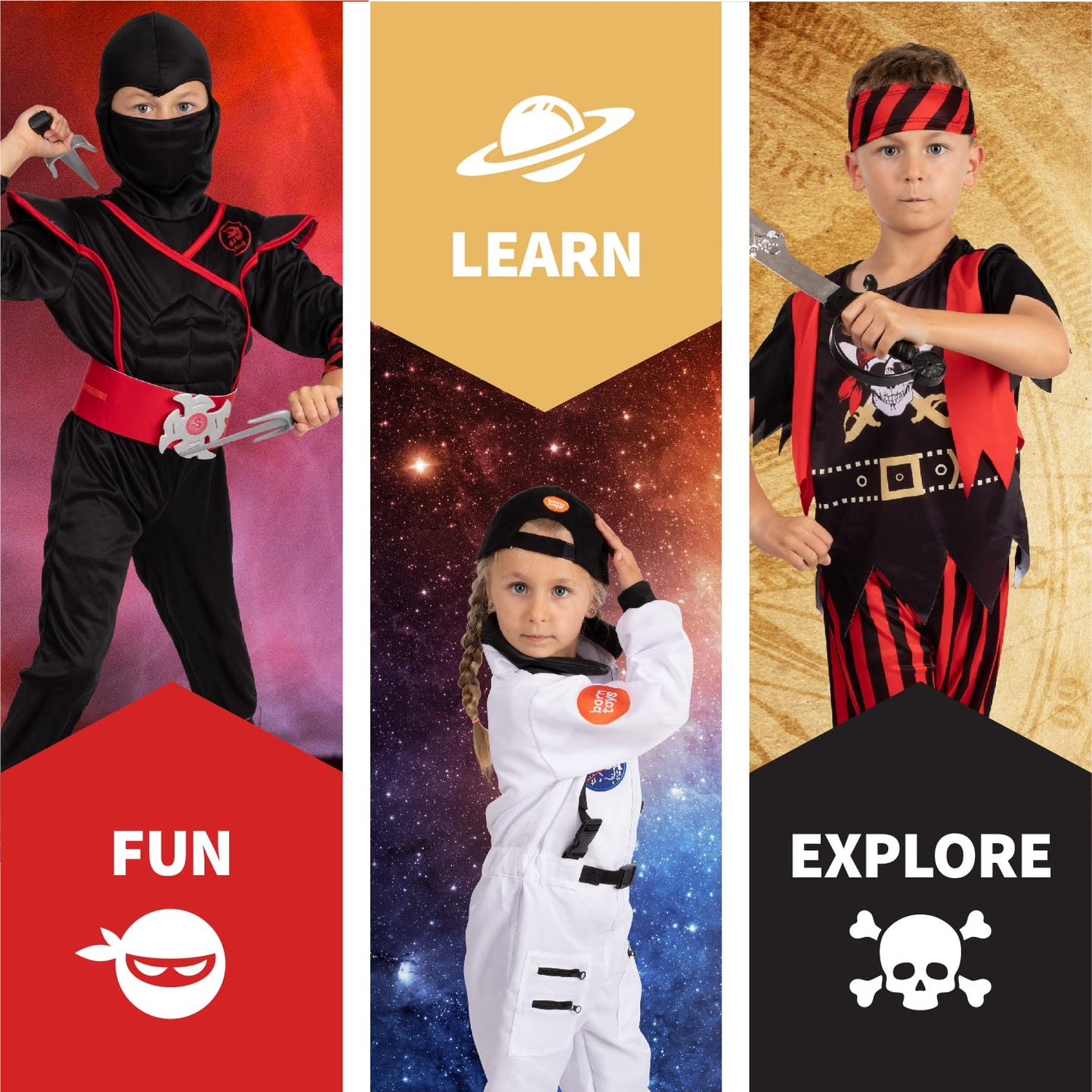 Born Toys 3-in-1 Kids' Dress Up & Pretend Play Set - Kids Pirate Ninja & Astronaut Costumes for Ages 3-7