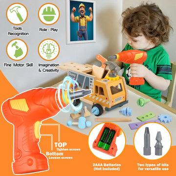 Aliex 38PCS Kids Wooden Truck Tool Set with Toy Drill for Toddlers Ages 3 4 5 6,Montessori STEM Educational Learning Constructio