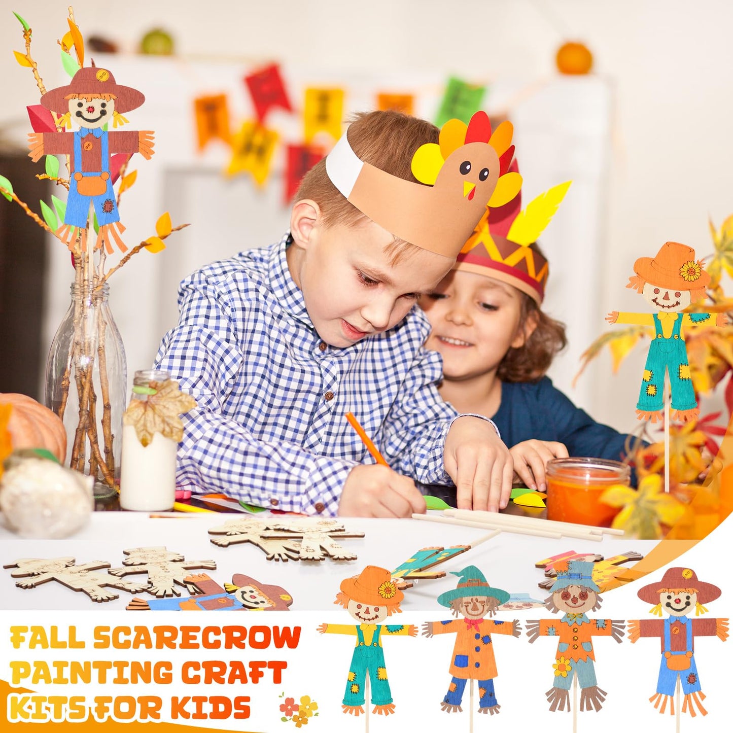Blueweenly 12 Pcs Fall Scarecrow Painting Craft Kits for Kids DIY Scarecrow Unfinished Paintable Wood Slices Make Your Own Craft