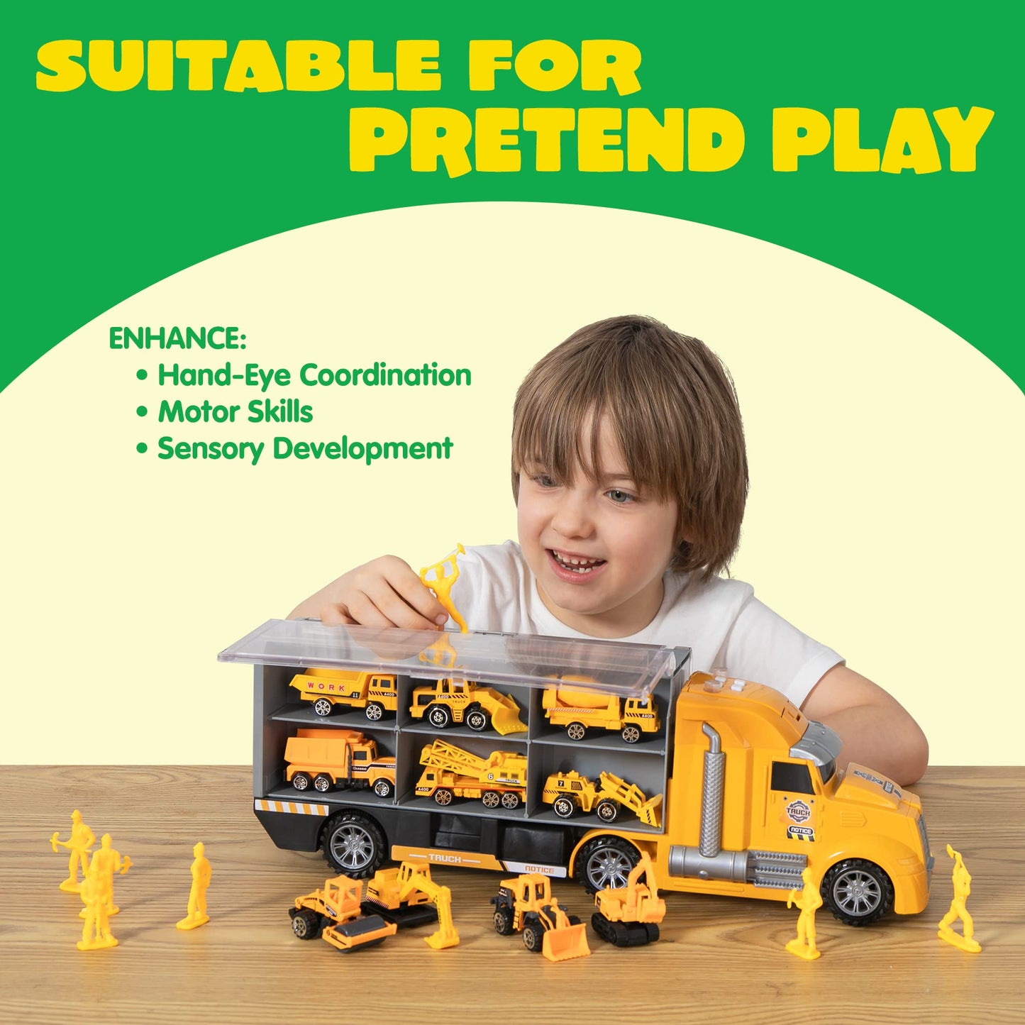 JOYIN 25 in 1 Construction Truck Vehicle Toy Set, Play Vehicles Set with Sounds and Lights in Carrier Truck, Push and Go Vehicle