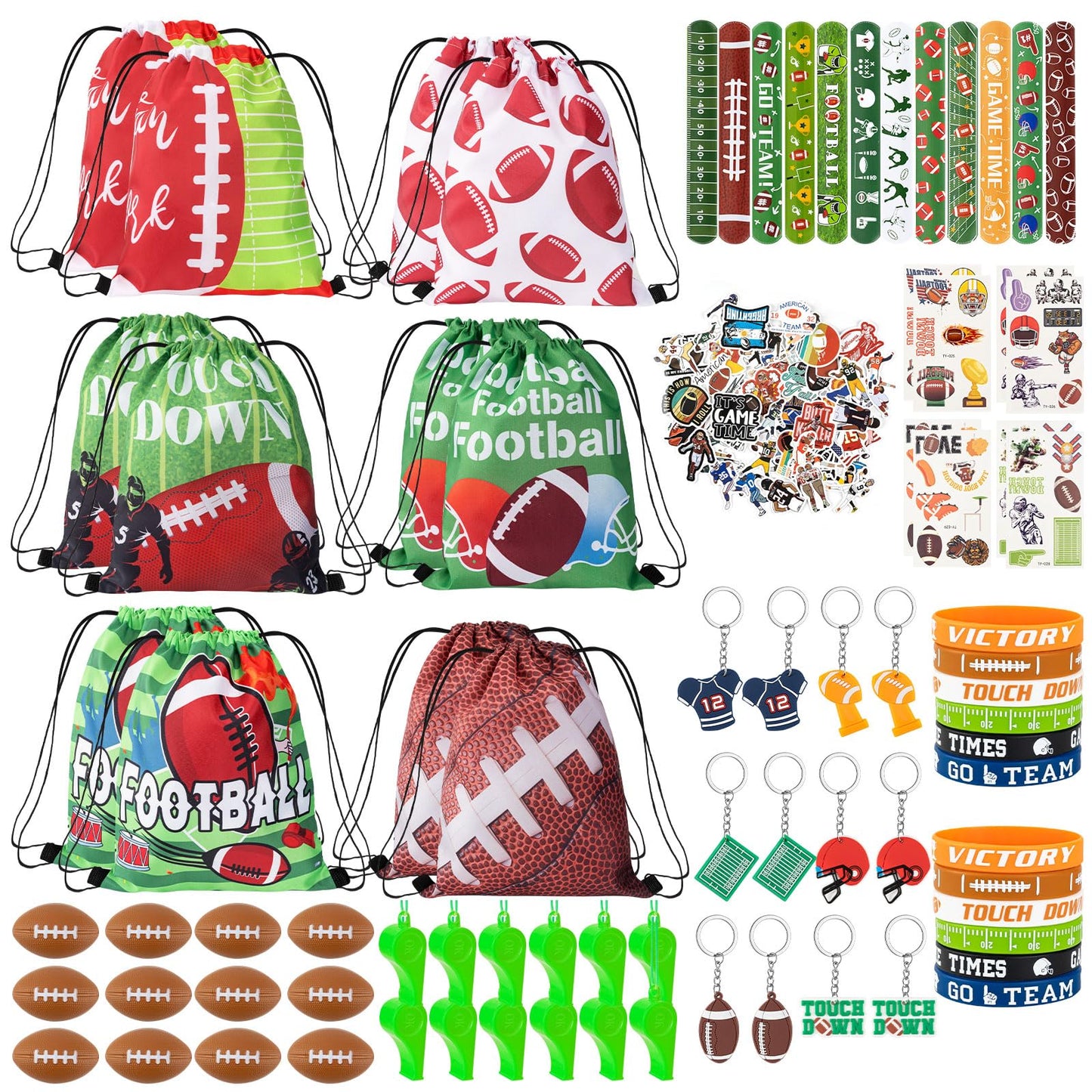 144 Pcs Football Party Favors, Football Goodie Bags with Mini Balls, Wristband, Slap Bracelets, Keychains, Tattoo Stickers, Whis