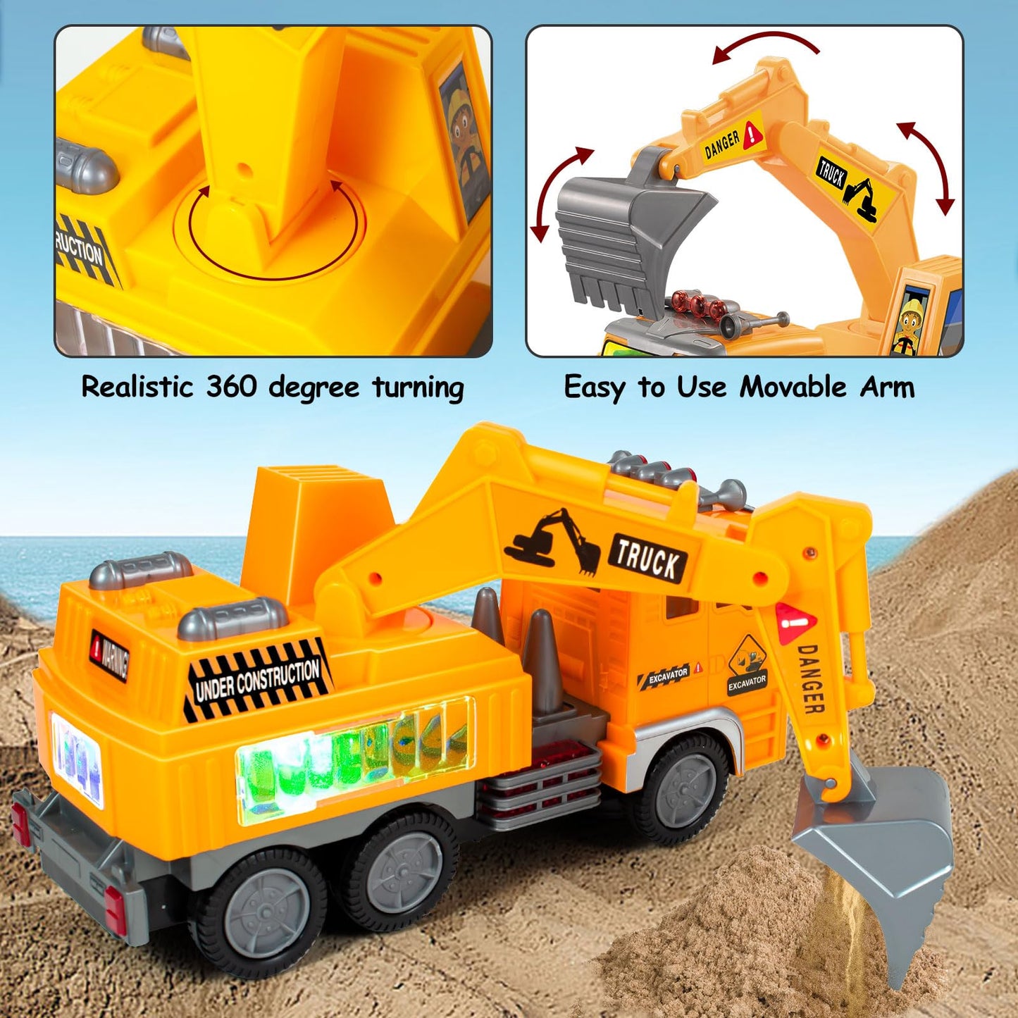 Ynanimery Construction Truck Toy, Excavator Truck Toys with 4D Lights & Sounds- Battery Operated Automatic Bump & Go, Truck Toys