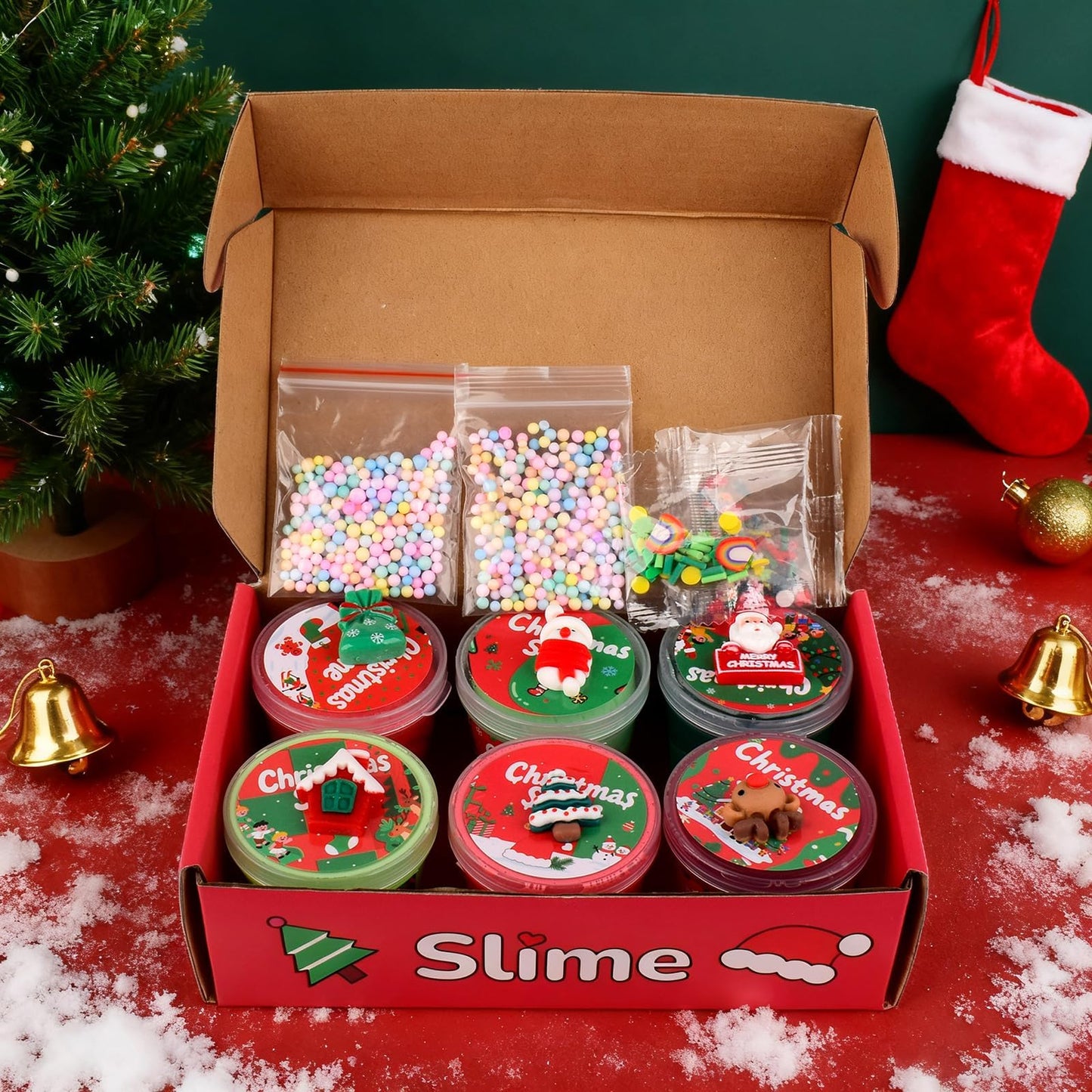 TITRITH 6 Pack Christmas Slime Stocking Stuffers, Butter Clear Cloud Slime, Sensory Stress Relief Toys for Kids, Holiday Party Favors