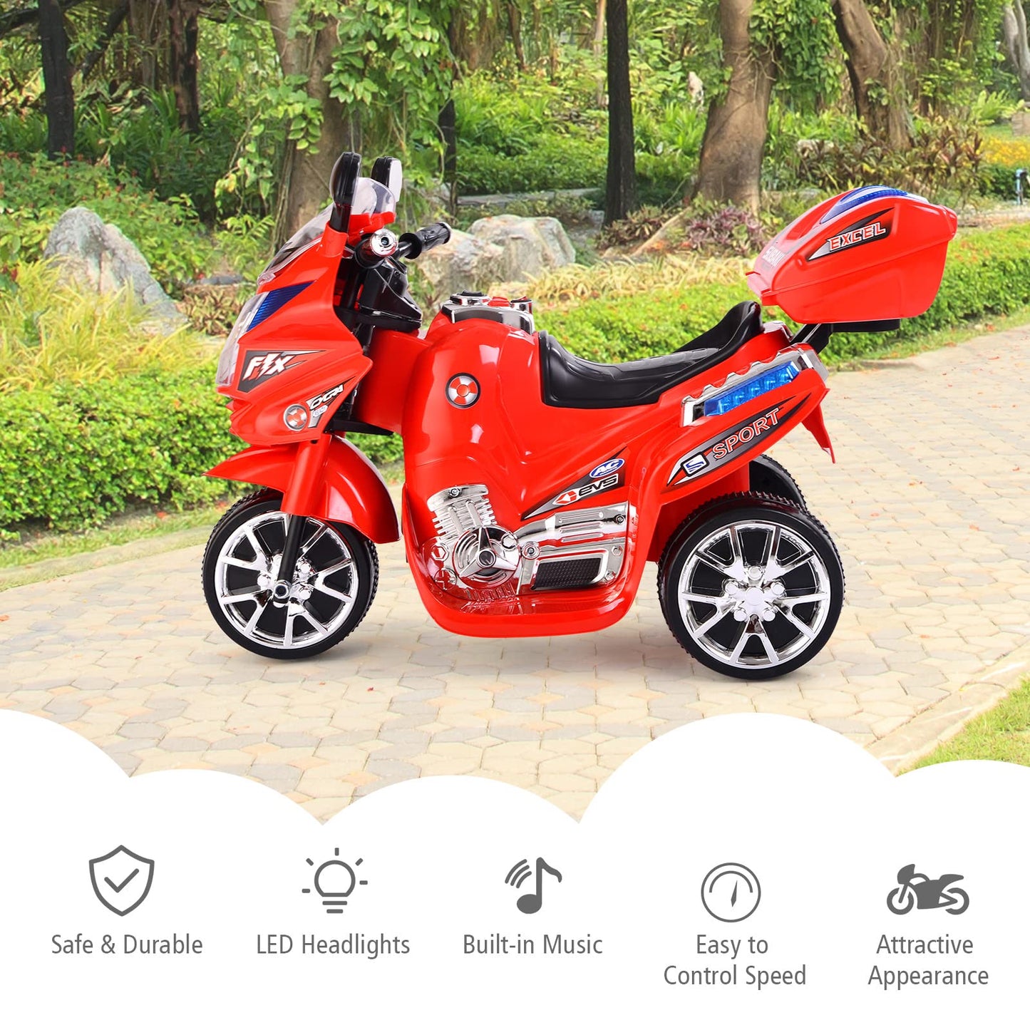 HONEY JOY Kids Motorcycle, 6V Electric Motorcycle for Kids, LED Headlights, Music, Pedal, Storage Trunk, Horn, 3-Wheeler Ride On