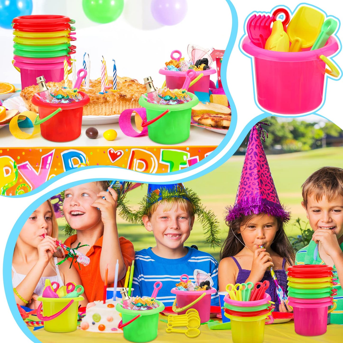 Jexine 96pcs Beach Party Favors for Kid 24 Set Sand Buckets and Shovels for Bucket Party Favor Sand Box Play Set and Mini Beach
