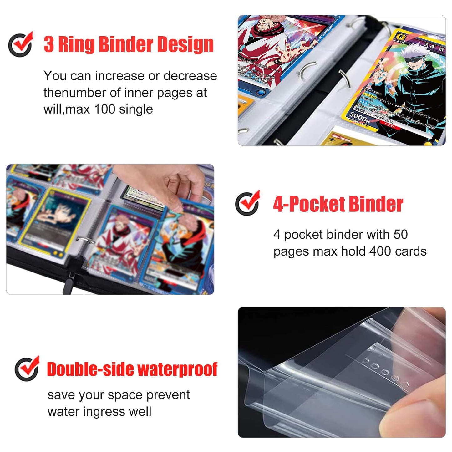 Anime Trading Card Binder for Cards 4 Pocket with 60 Sleeves up to 480 Cards Waterproof Card Storage Bag with Removable Sleeves for Anime and TCG Cards