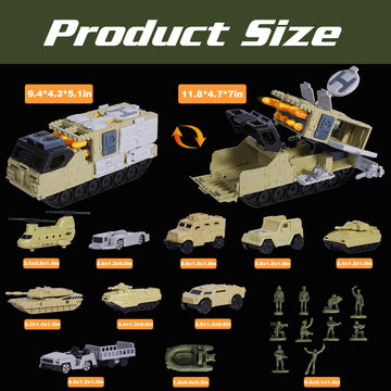 XDUOYJOY Military Tank Toy Sets with Launchable Missiles, Army Toys with 9 Vehicles, Helicopter Trucks Army Men Action Figures,