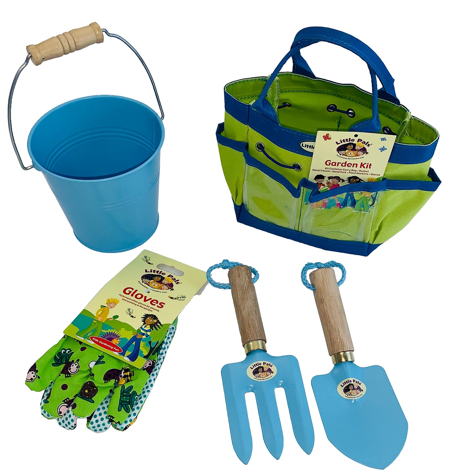 Tierra Garden Little Pals Kids Junior Garden Kit With Hand Trowel, Hand Fork, Gloves And Bucket. Blue/Green