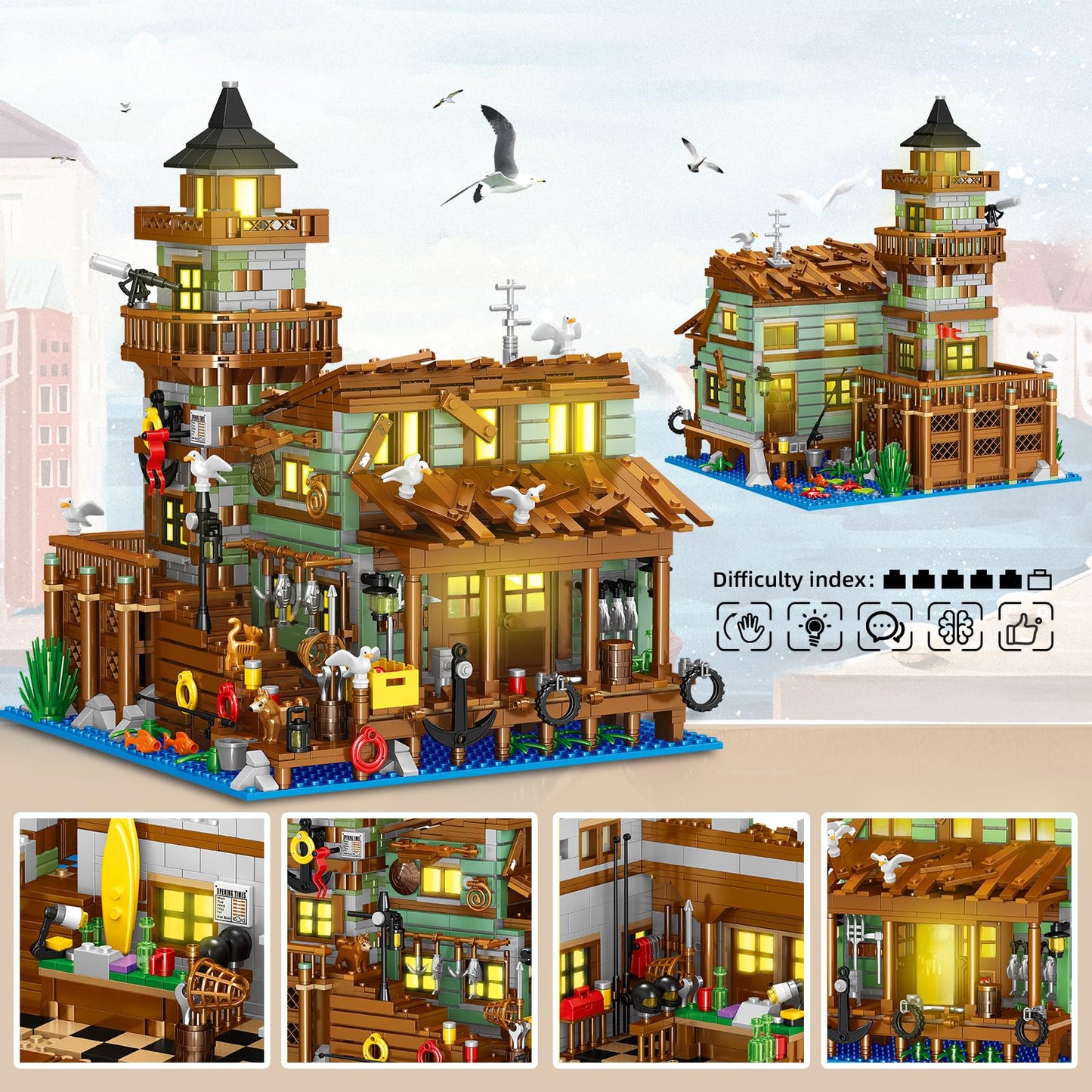 Fishing Village Store House Building Set With Led Light, 1881 Pcs Wood Cabin Mini Building Block, Stem Architecture Toys Kit, Birthday Gift For Adults Ages 8-12+ Years(Not Compatible With Set )