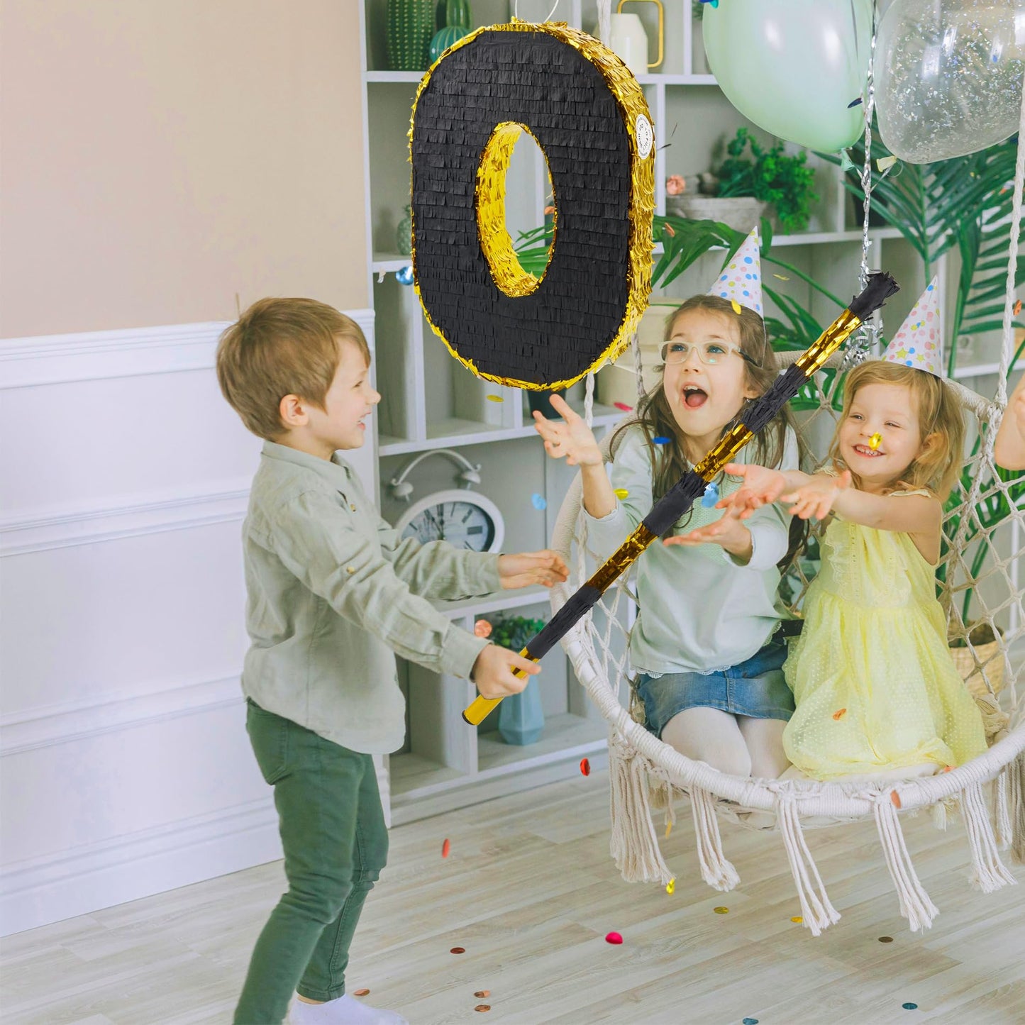 PCFING 20 Inch Number 8 Piata Gold Black with 30 Inch Piata Stick Blindfold Confetti for Man Women Kids Birthday Party Decoratio