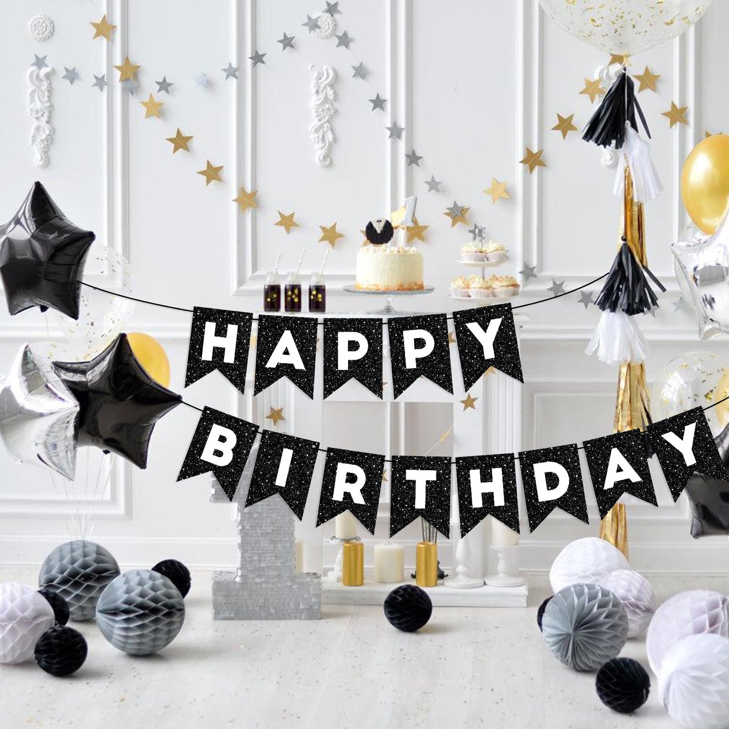 Hooqict Black Happy Birthday Banner Sign For Backdrop Black Birthday Decorations For Men Women Kids Party Supplies Wall Door Banner Garland Bunting Flag