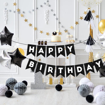 Hooqict Black Happy Birthday Banner Sign For Backdrop Black Birthday Decorations For Men Women Kids Party Supplies Wall Door Banner Garland Bunting Flag