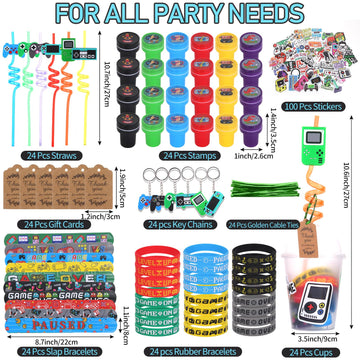 LiYiQ 292 Pcs Video Game Party Favors With Reusable Drinking Straws Cups Slap Bracelets Keychains Gift Tags Stamps Stickers and