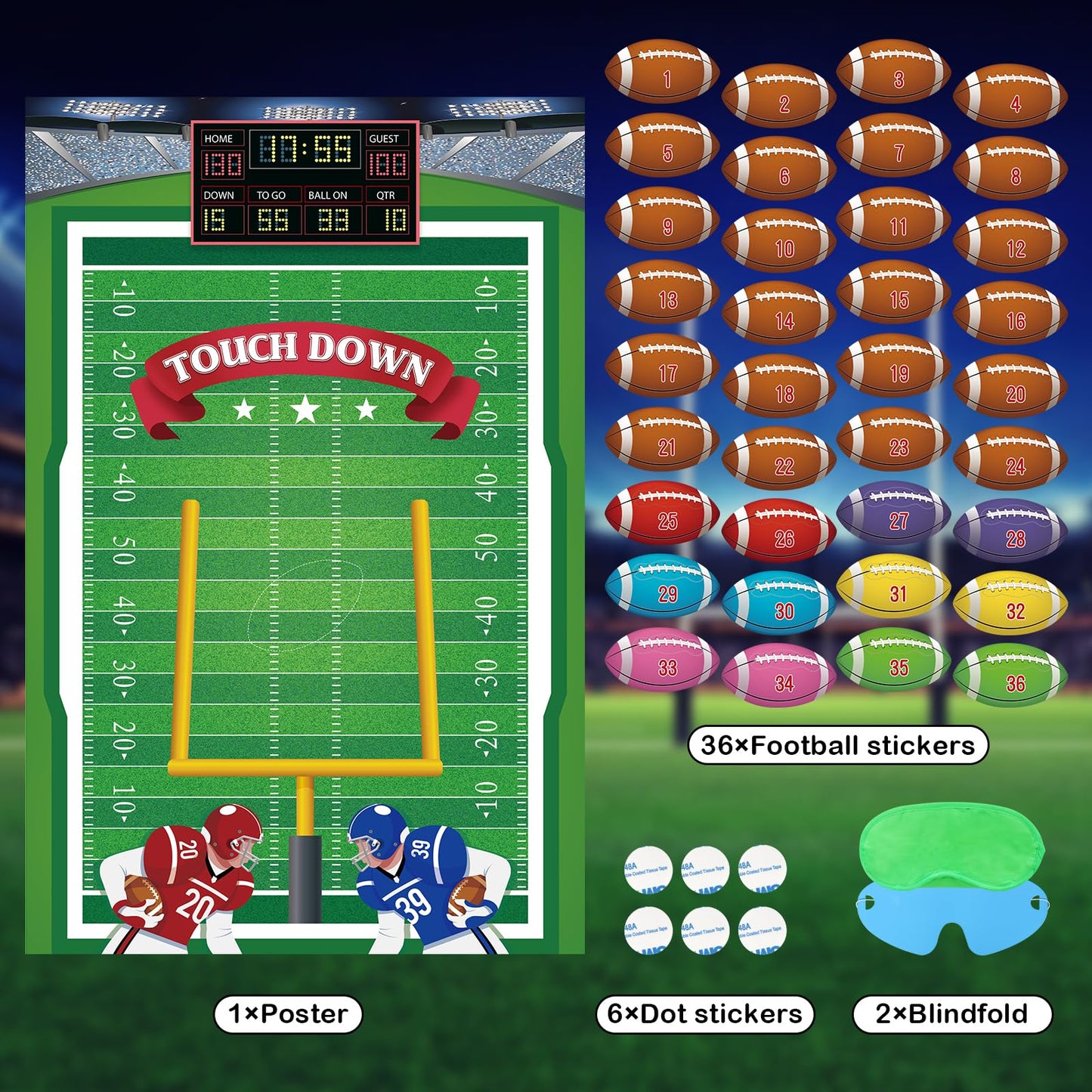 Hooqict Pin The Football On The Goalpost Football Party Games For Kids Game Day Party Supplies Boys Sports Theme Birthday Party Decorations, Large Pin The Games Poster With 36 Rugby Stickers