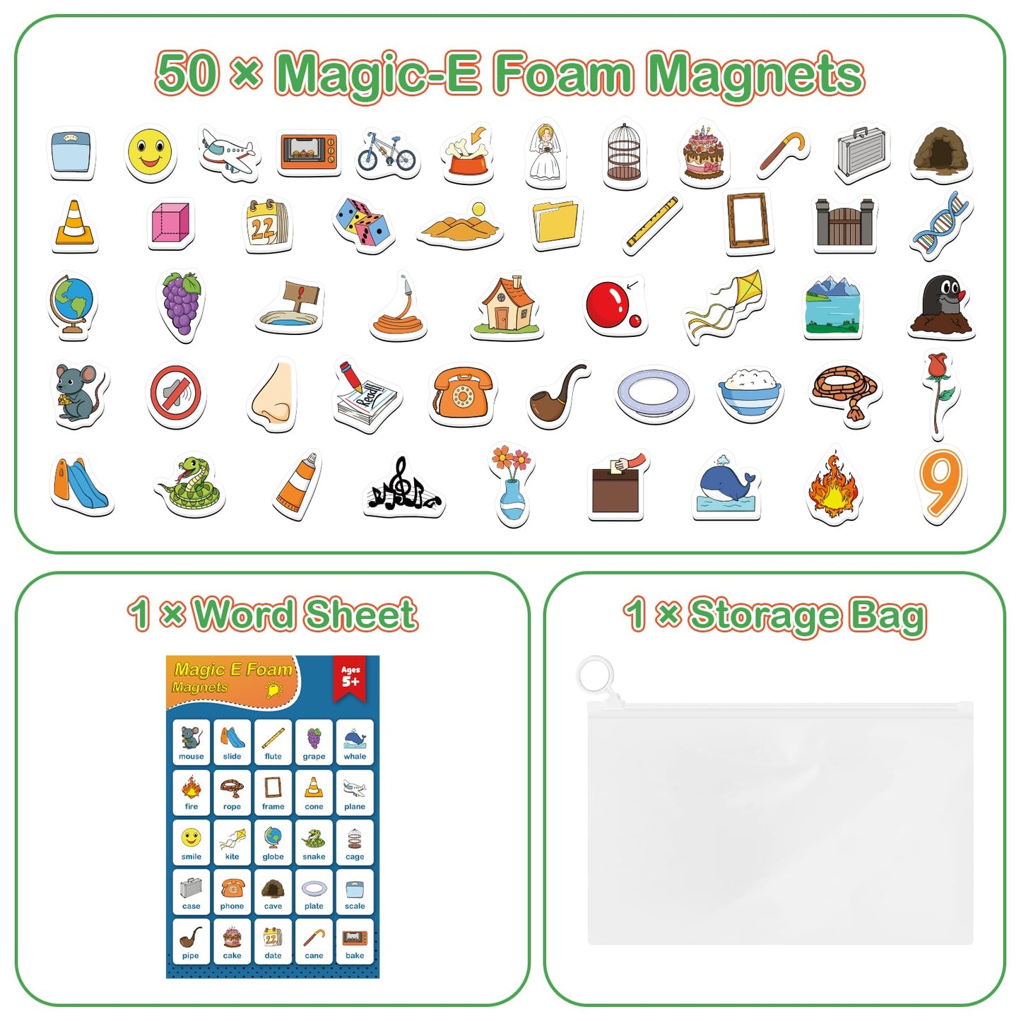 Kasfalci Magic E Word Games,Phonics Games,50 Magnetic Foam Objects,Fridge Magnets For Kids,Speech Therapy Toys For Toddler,Learn