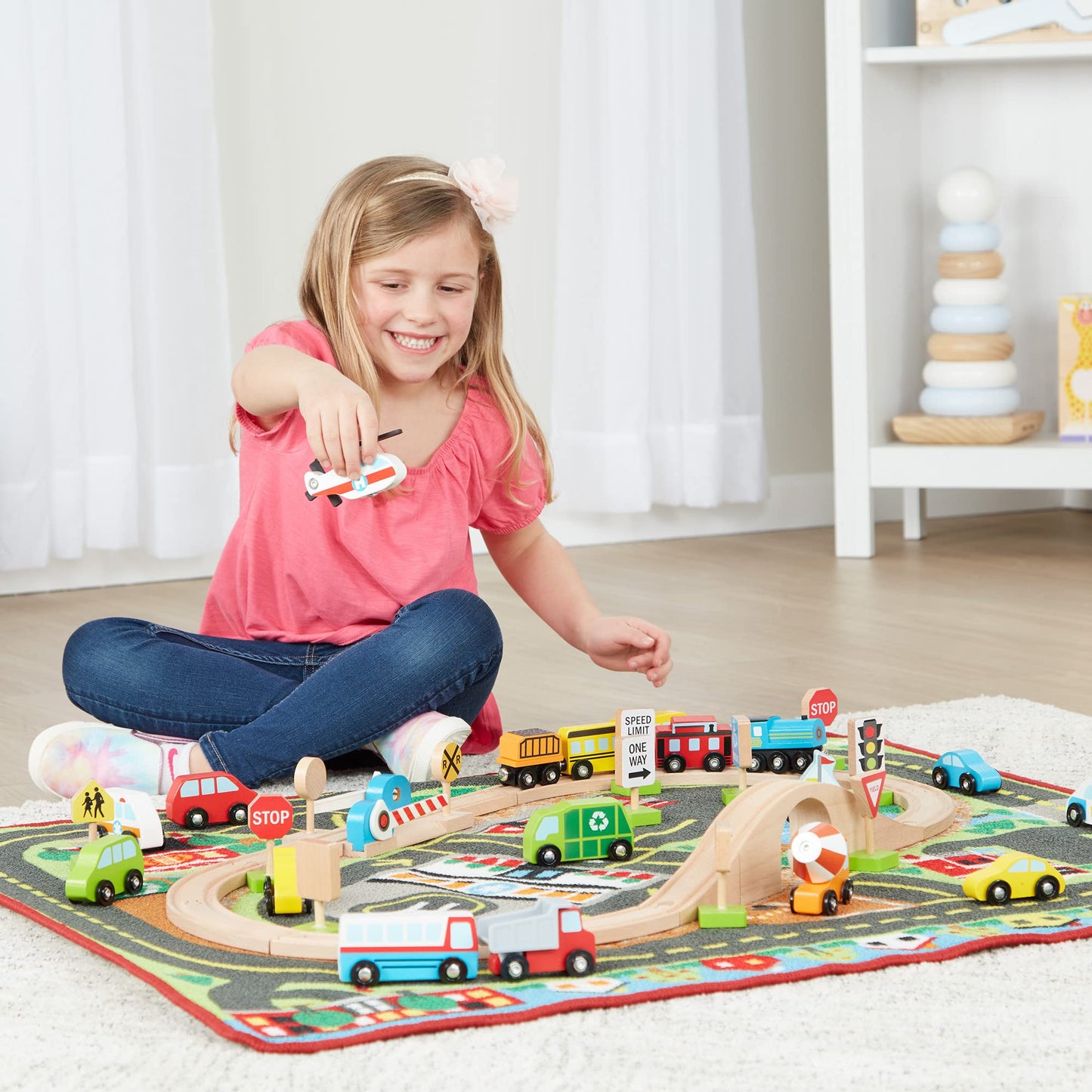 Melissa & Doug Deluxe Multi-Vehicle Activity Rug (39.5' X 36.5') - 19 Vehicles, 12 Wooden Signs, Train Tracks