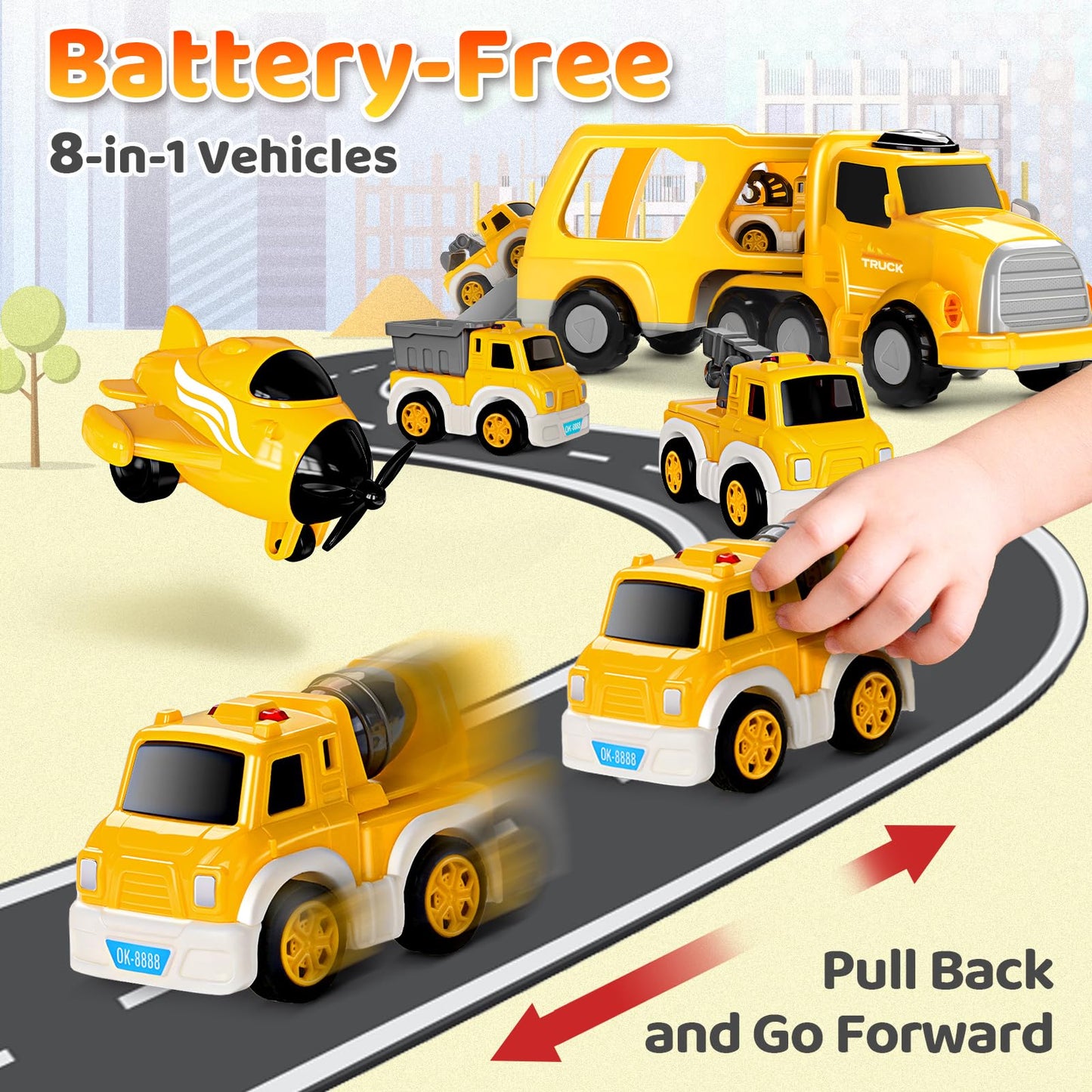 SplashNSpray 8 in 1 Fire Truck Toy Cars for Kids, Carrier Truck for 3 4 5 6 Years Old Boys Girls Toddlers, Pull Back Cars Set wi