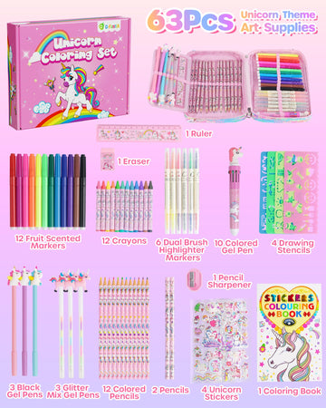D-FantiX Unicorn Art Supplies Convertible Bag for Girls, 63Pcs Coloring Drawing Set for Kids with Fruit Scented Markers, Portabl