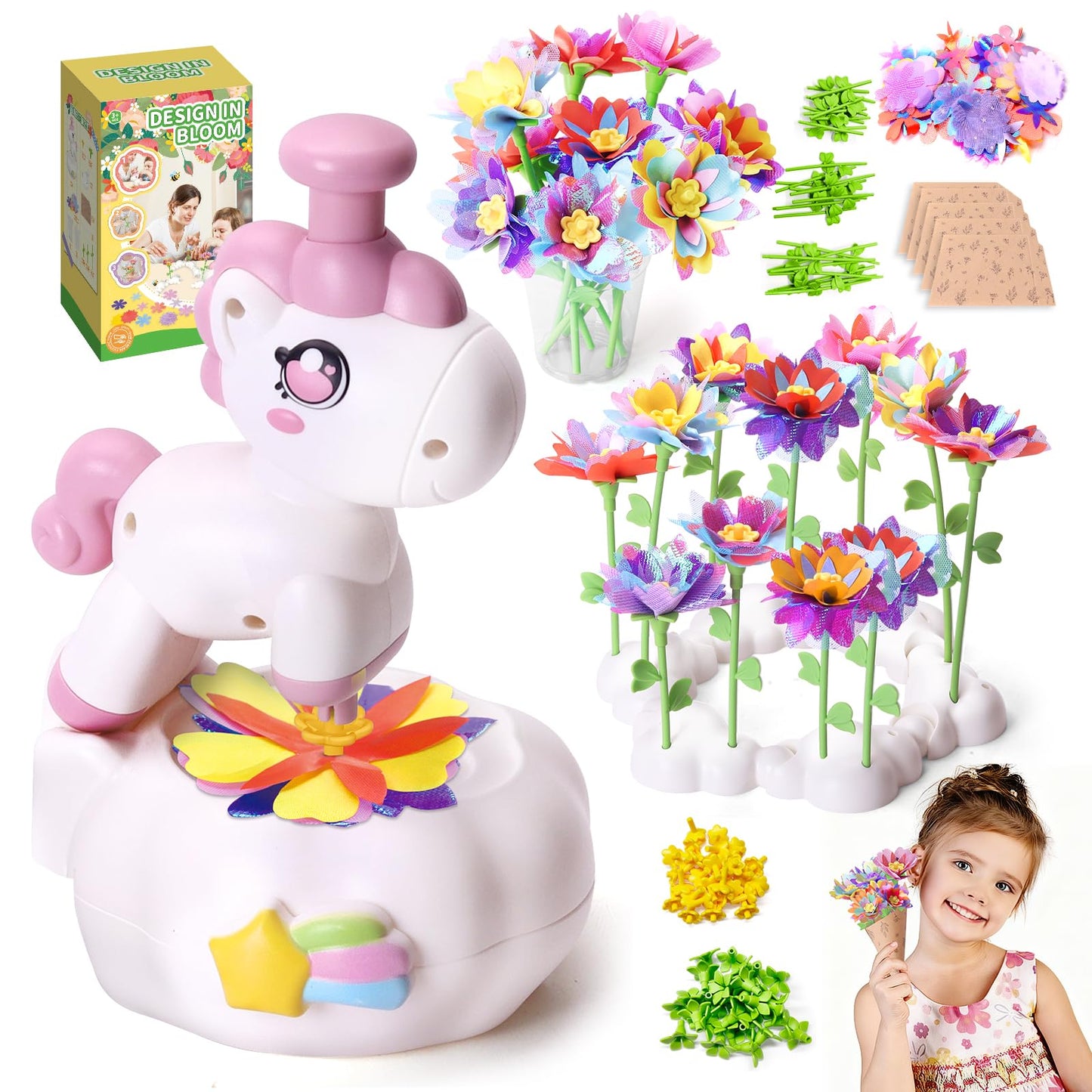 RISUNTOY Kids Flower Press Kit-DIY Fabric Flower Craft Kits with 110 Petals 30 Centers Stems Buds,5 Wraps & Tapes,STEM Bouquet T