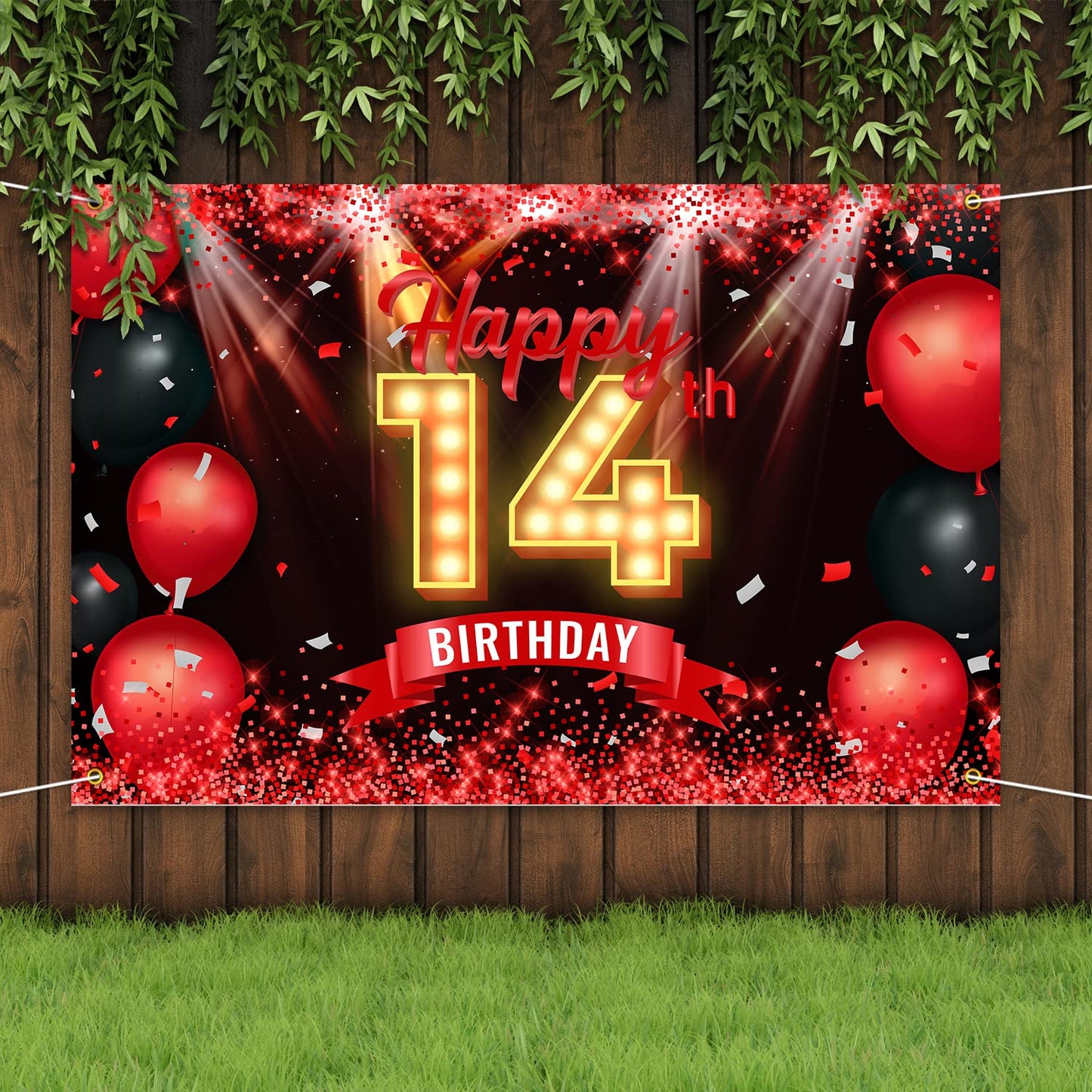 Yikki Happy 14th Birthday Banner Backdrop, Red and Black, Polyester, 14 Years Old Decorations for Boys and Girls