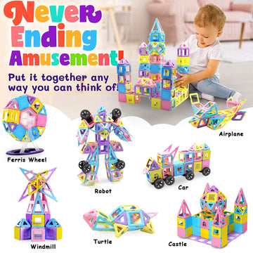 124Pcs Magnetic Blocks Toys For 3 4 5 6 7+ Year Old Boys Girls Macaron Castle Magnetic Tiles Building Blocks Set For Toddlers Stem Creativity/Educational Toys For Kids Age 3-6 Christmas Birthday Gifts