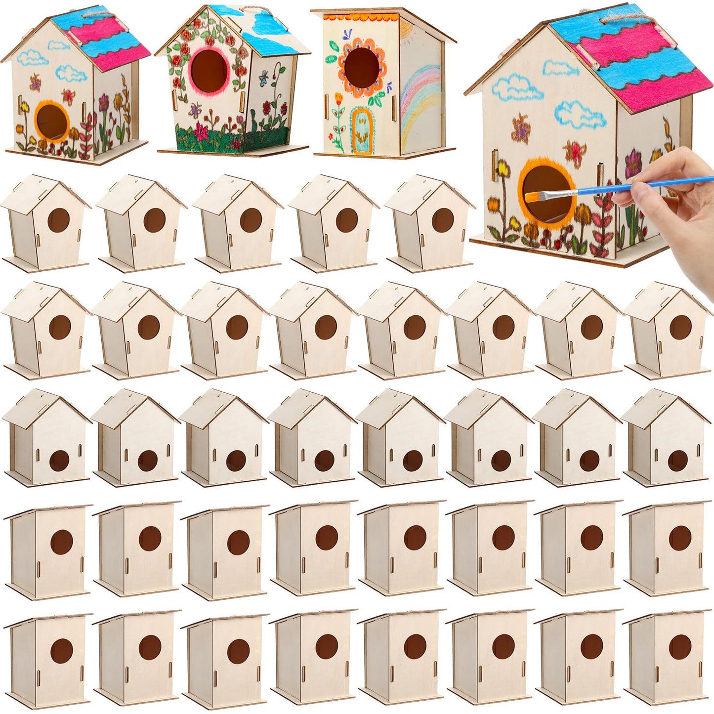 DoubleFill 24 Pcs Bulk Wooden Bird Houses Kits for Kids DIY Bird House Kit Unfinished Wood Birdhouse Wooden Crafts to Paint, Bui