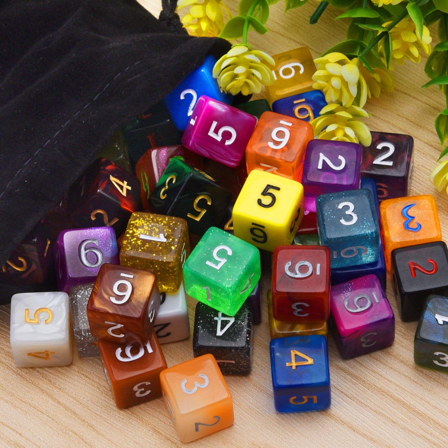 AUSTOR 56 Pieces 6 Sided Dice Set Mix Color Polyhedral Dice Assortment with a Black Velvet Storage Bag for DND RPG MTG Table Gam